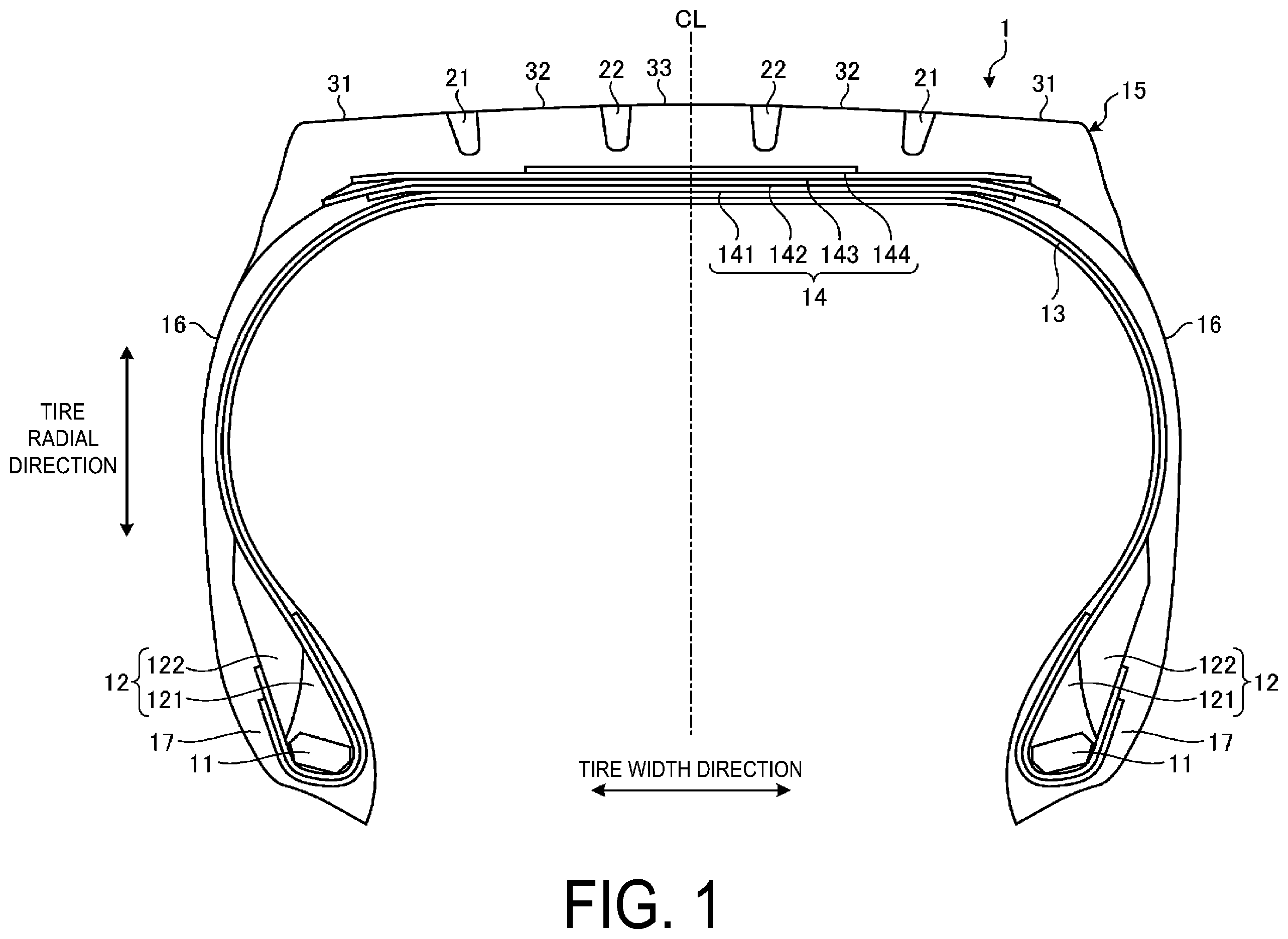 Patent US12583263 Figure 1 – Pneumatic tire