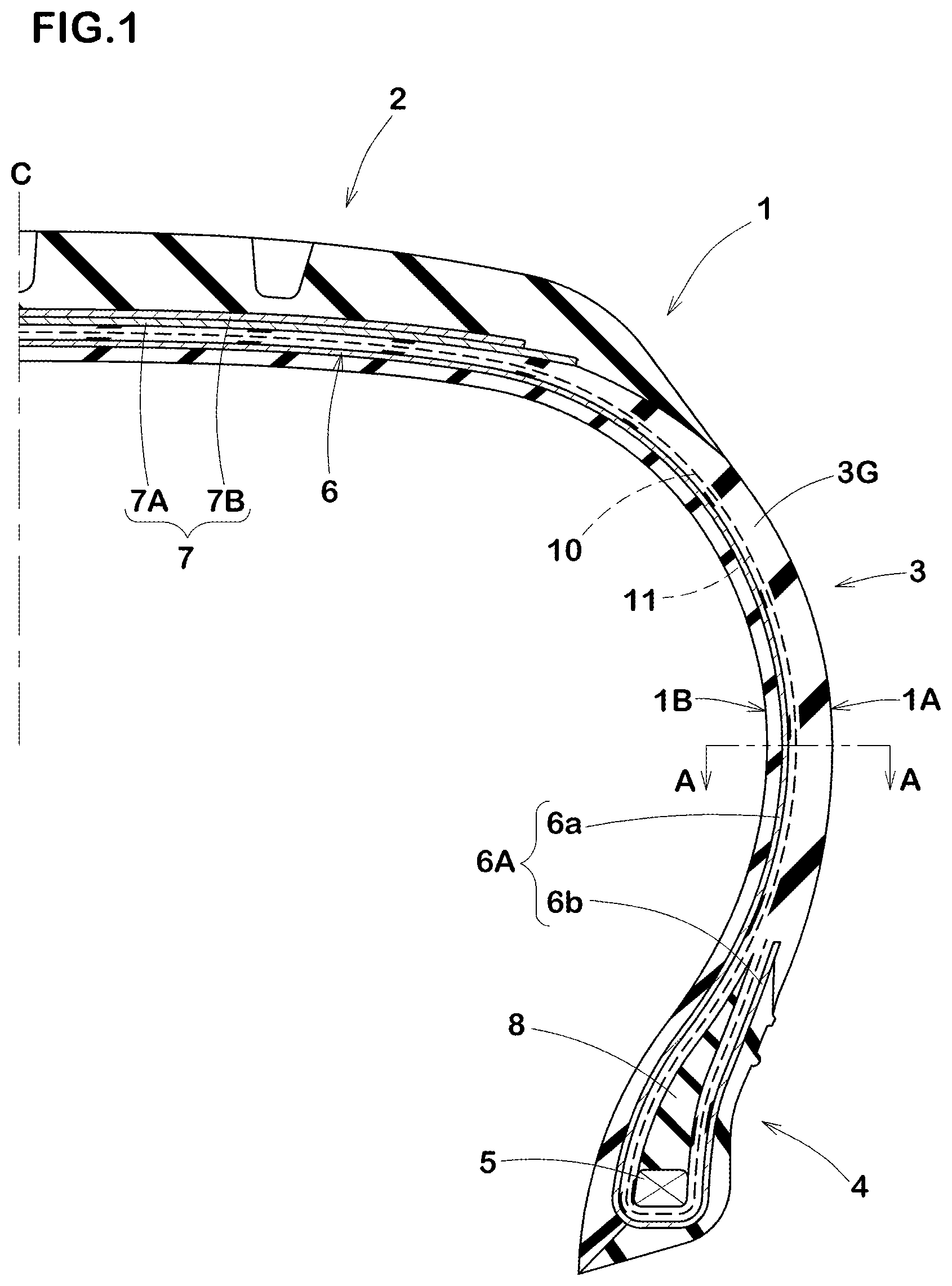 Patent US12583265 Figure 1 – Pneumatic tire