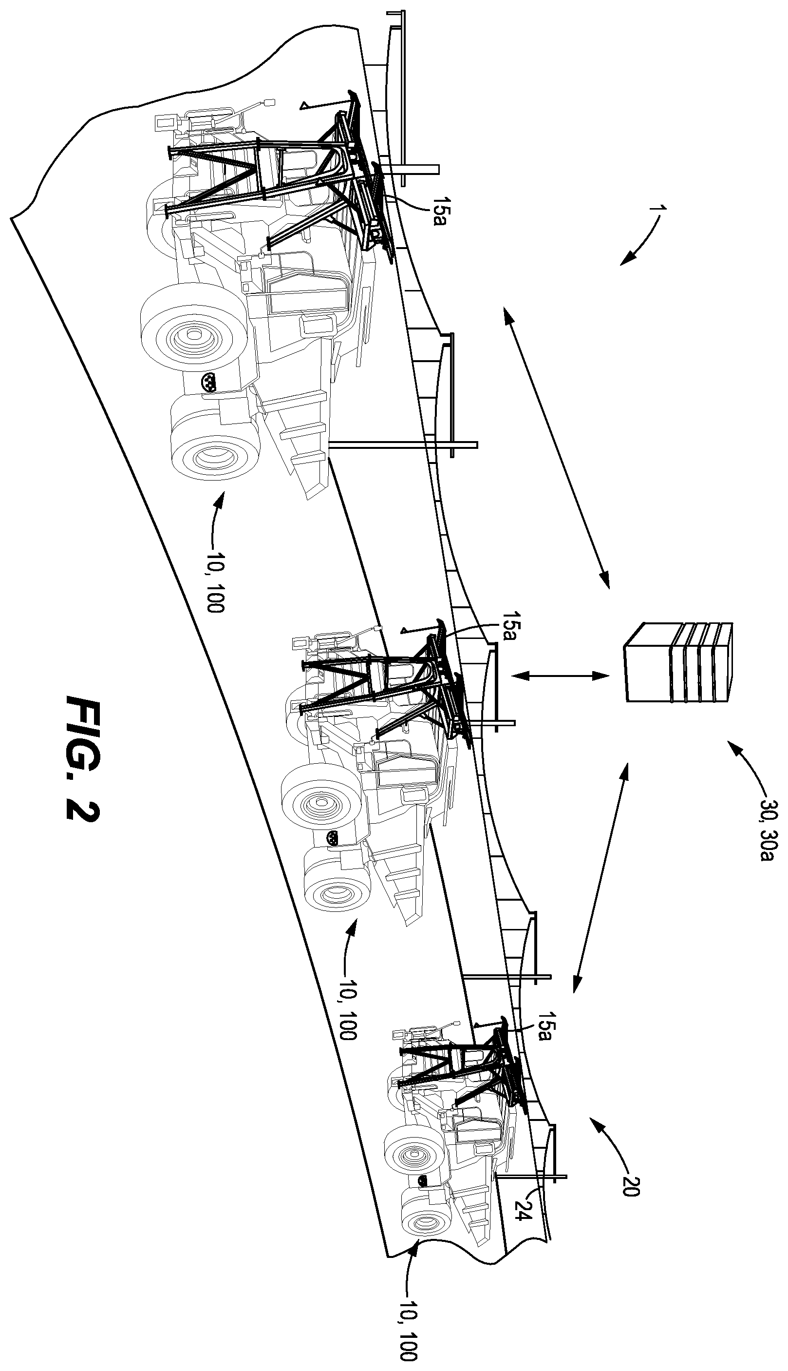 Patent US12583326 Figure 2 – Fleet and trolley system for zero-emission machines