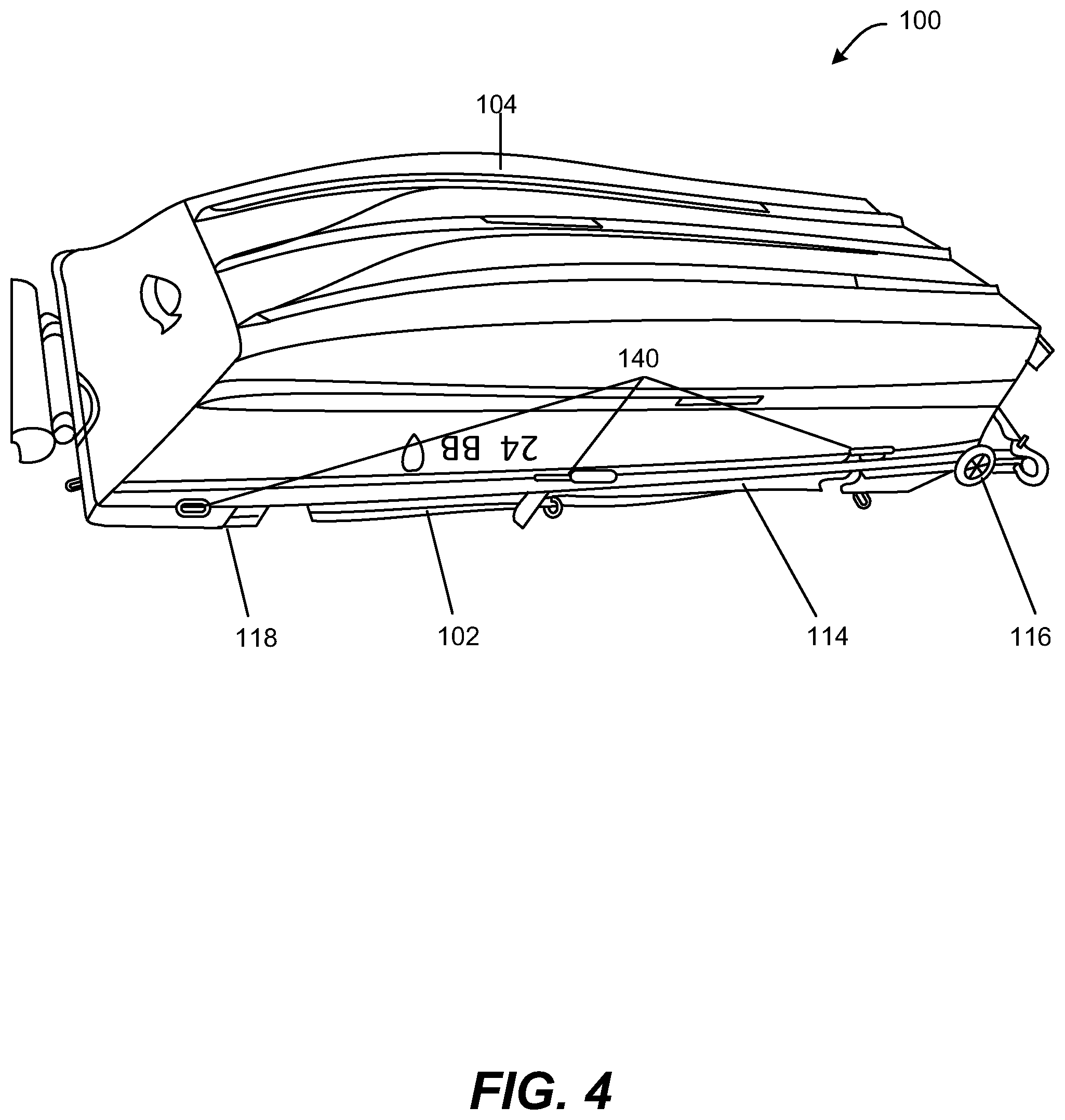 Patent US12583394 Figure 4 – Multi-use storage container having a hinged door