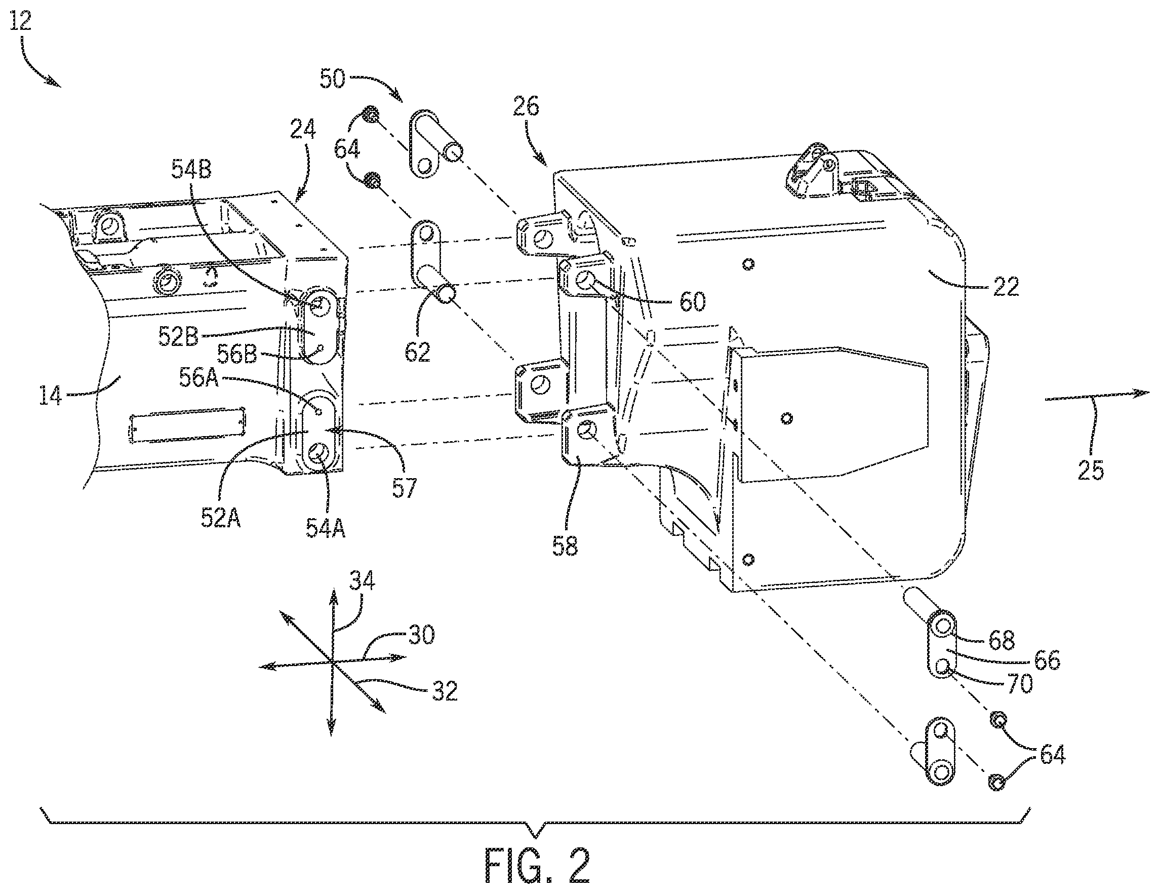 Patent US12583401 Figure 2 – Front attachment system using a common interface for different attachments