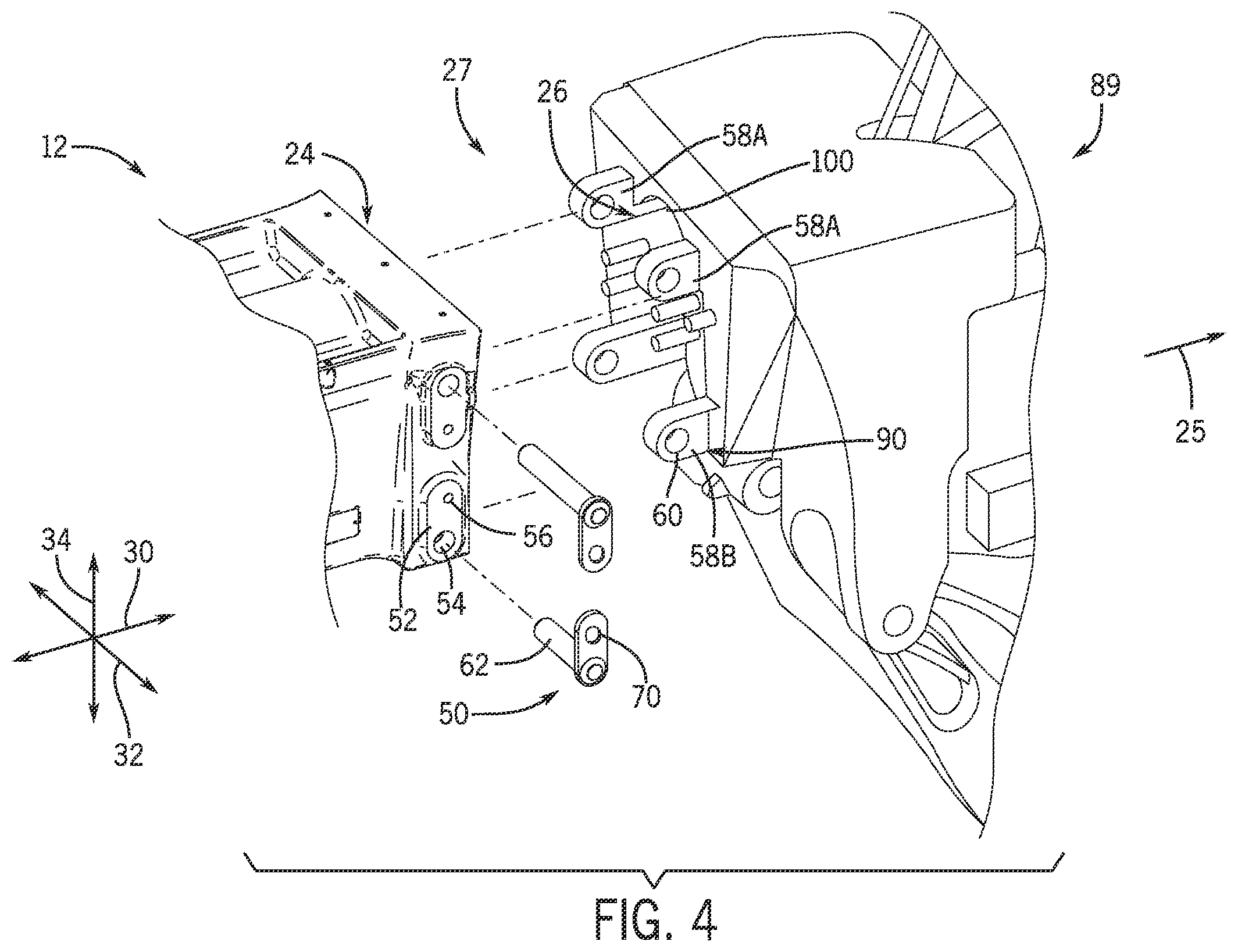 Patent US12583401 Figure 4 – Front attachment system using a common interface for different attachments