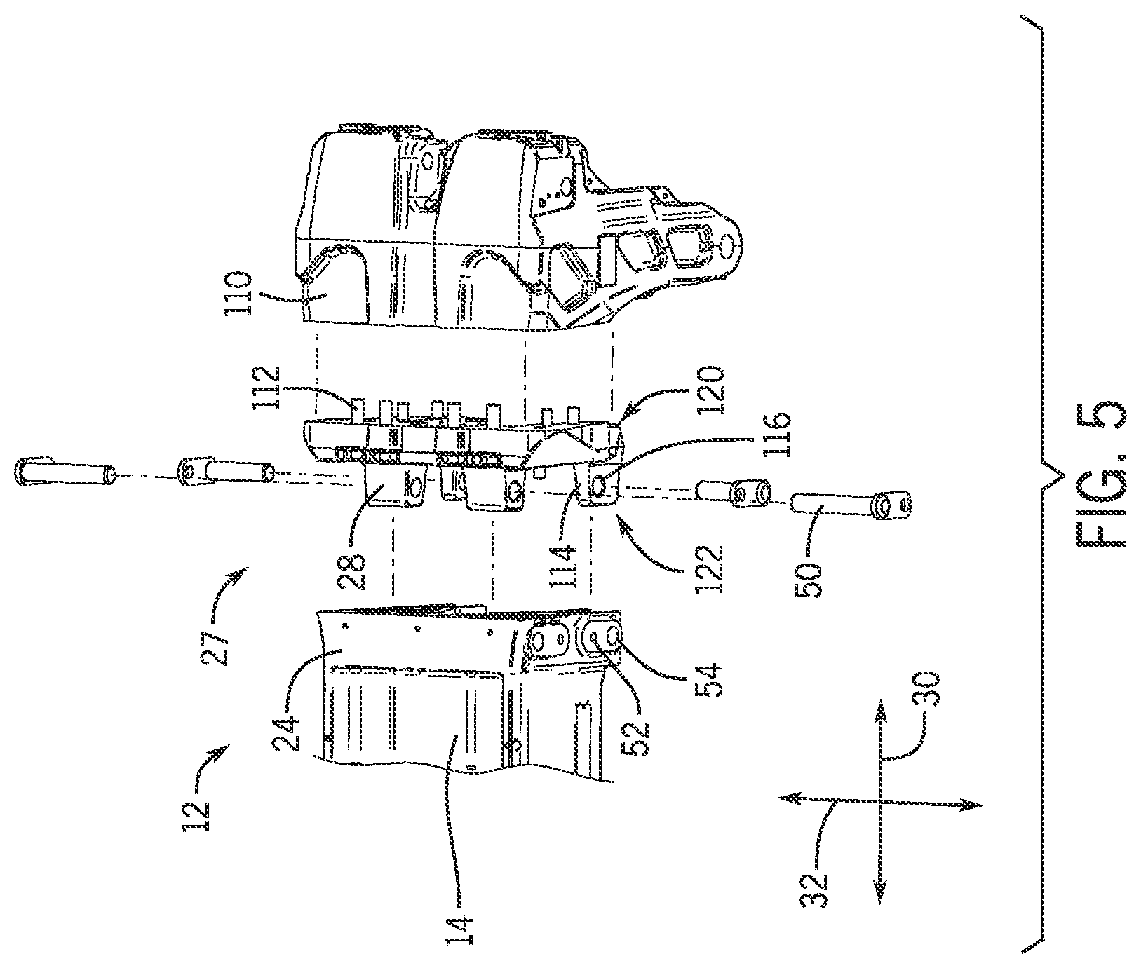 Patent US12583401 Figure 5 – Front attachment system using a common interface for different attachments