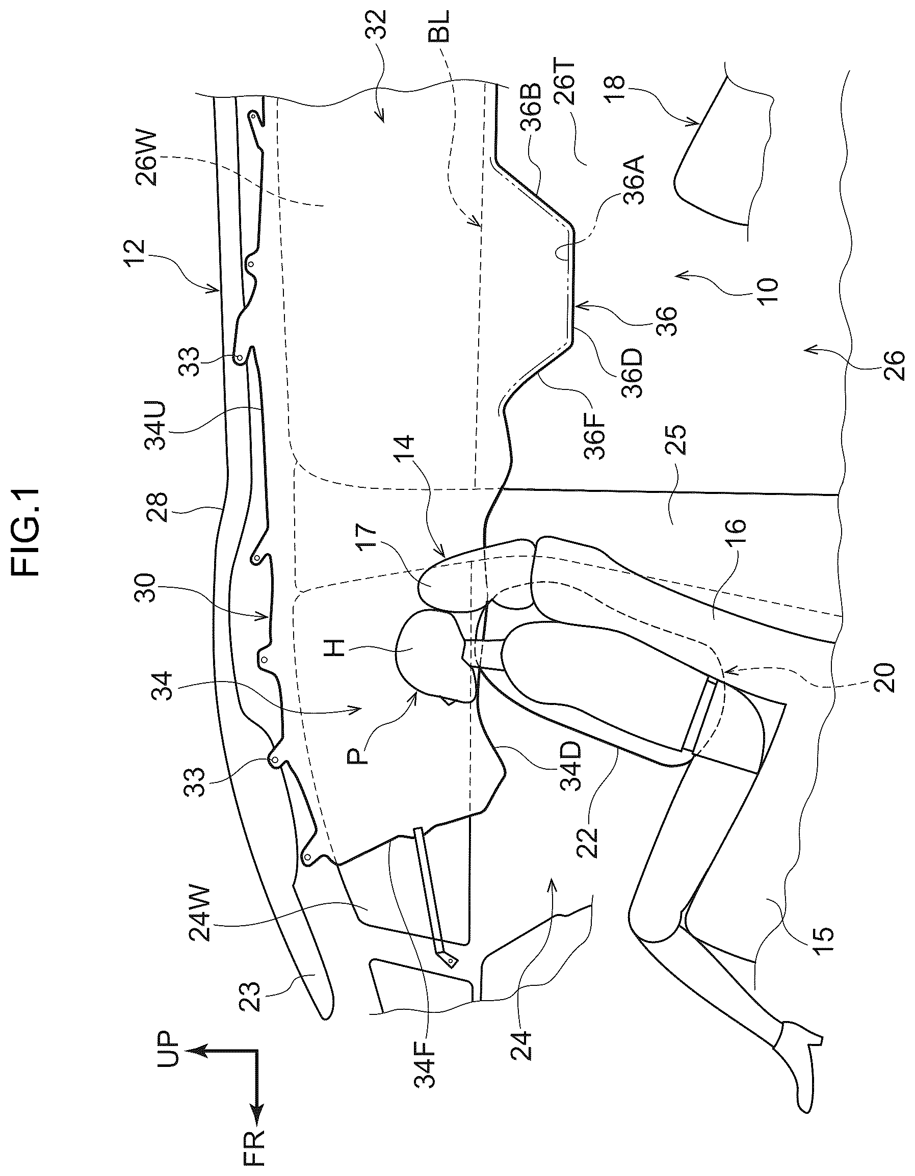 Patent US12583407 Figure 1 – Vehicle passenger protecting device having a side airbag and a curtain airbag with an enlarged inflating portion
