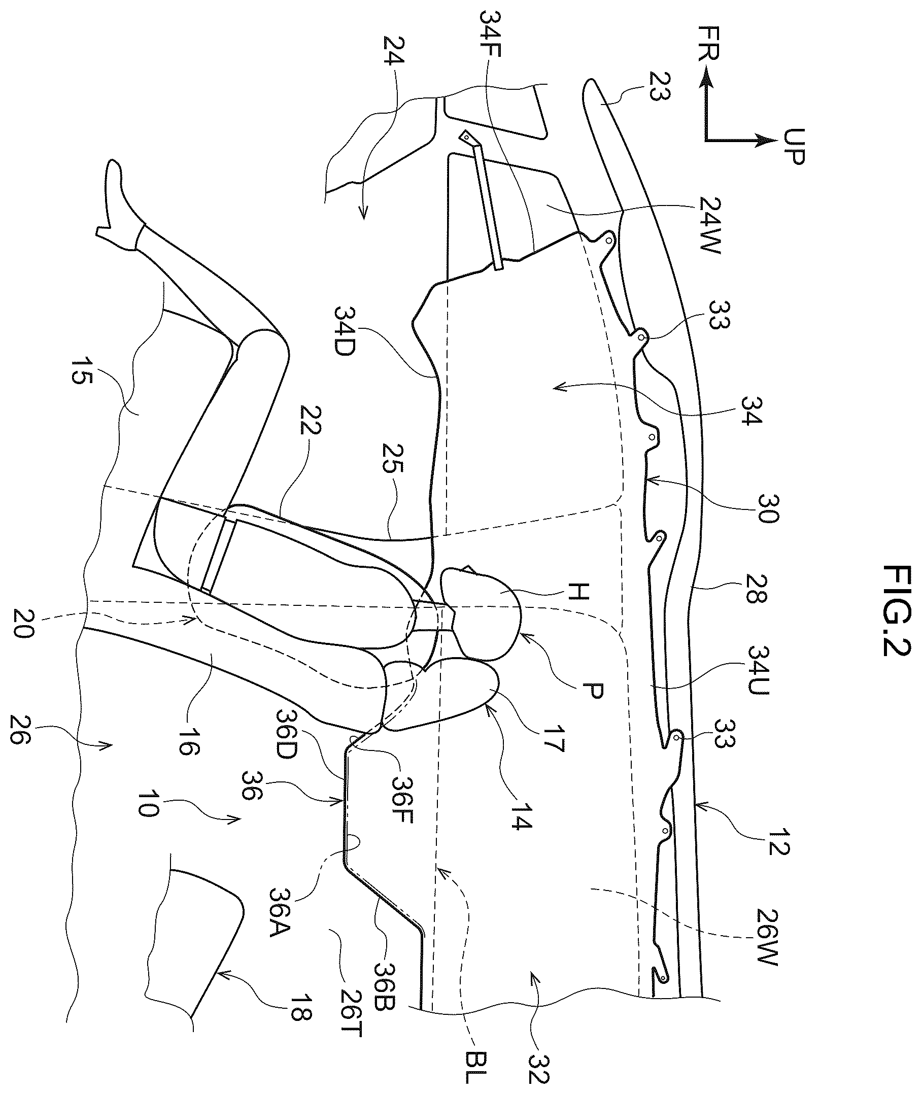 Patent US12583407 Figure 2 – Vehicle passenger protecting device having a side airbag and a curtain airbag with an enlarged inflating portion