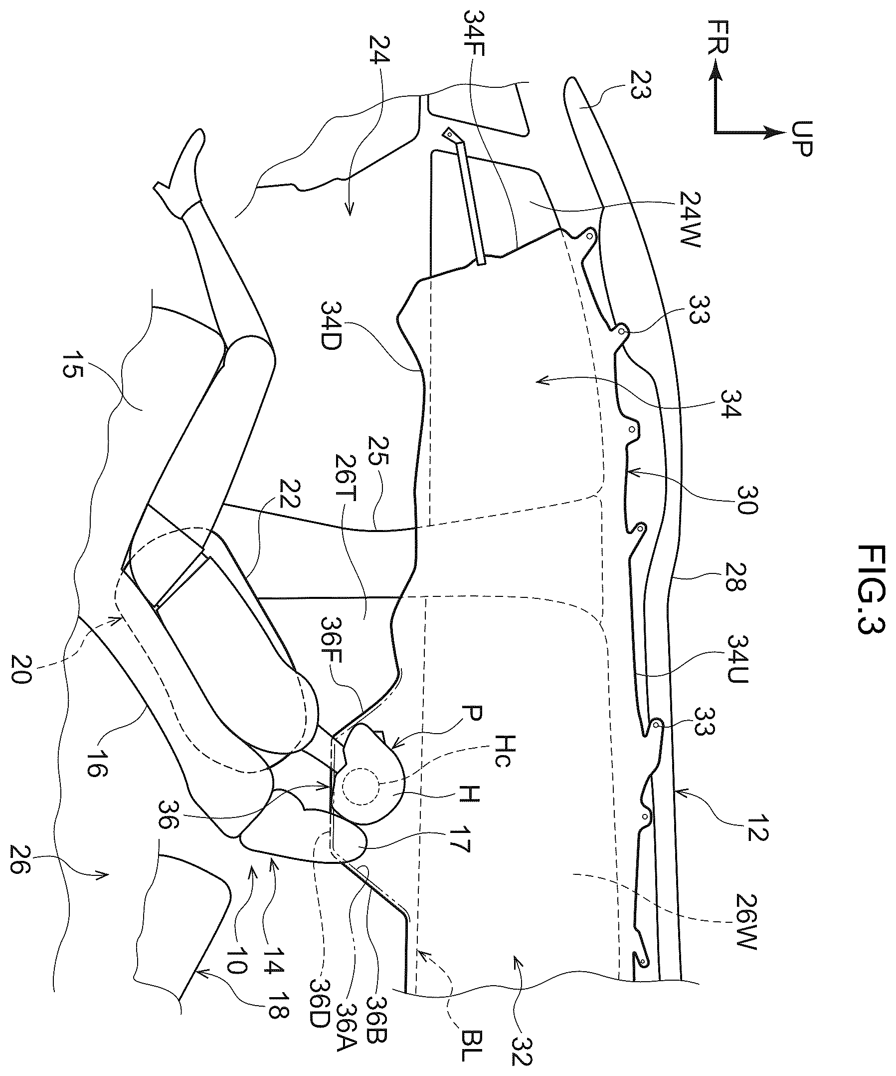 Patent US12583407 Figure 3 – Vehicle passenger protecting device having a side airbag and a curtain airbag with an enlarged inflating portion