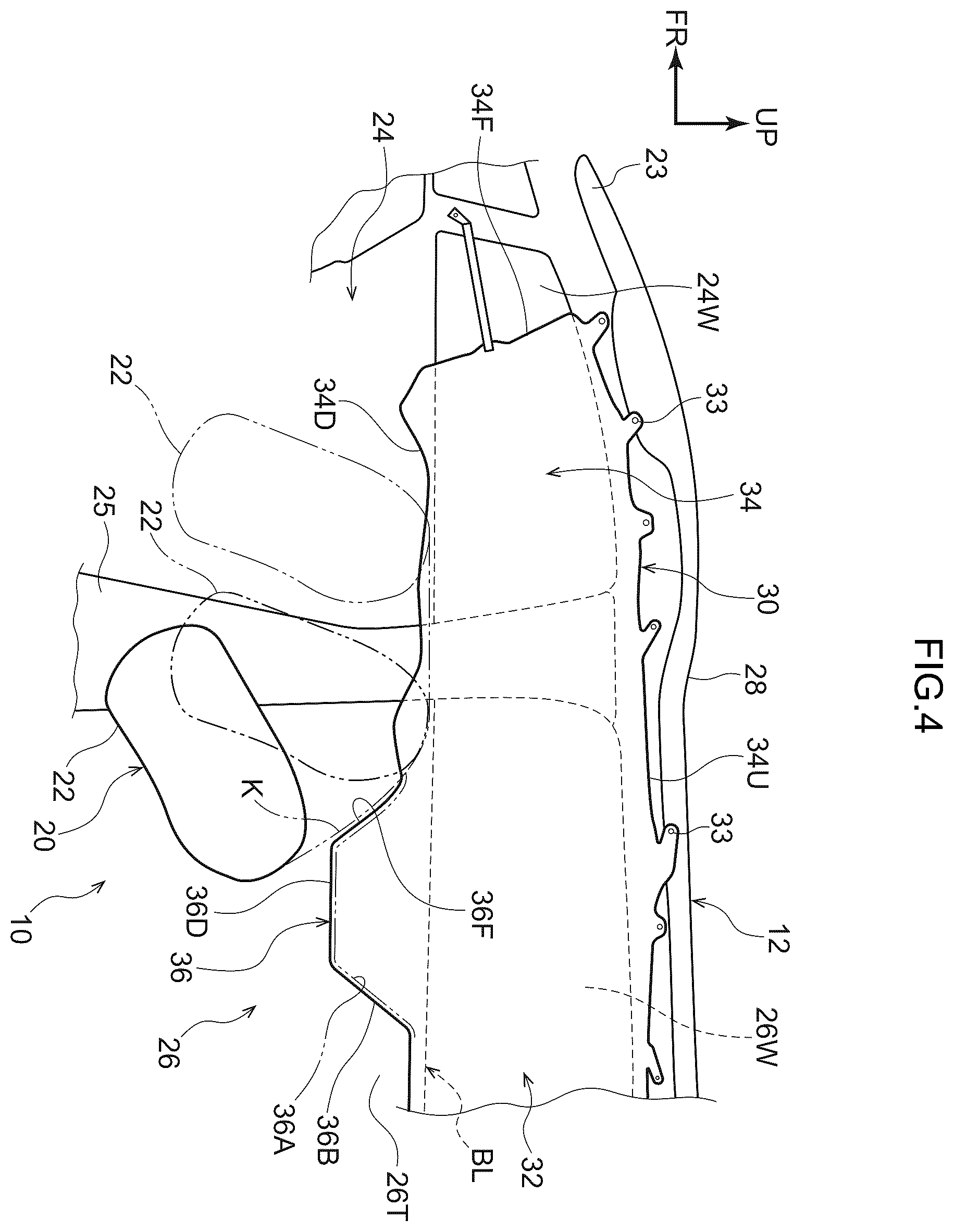Patent US12583407 Figure 4 – Vehicle passenger protecting device having a side airbag and a curtain airbag with an enlarged inflating portion