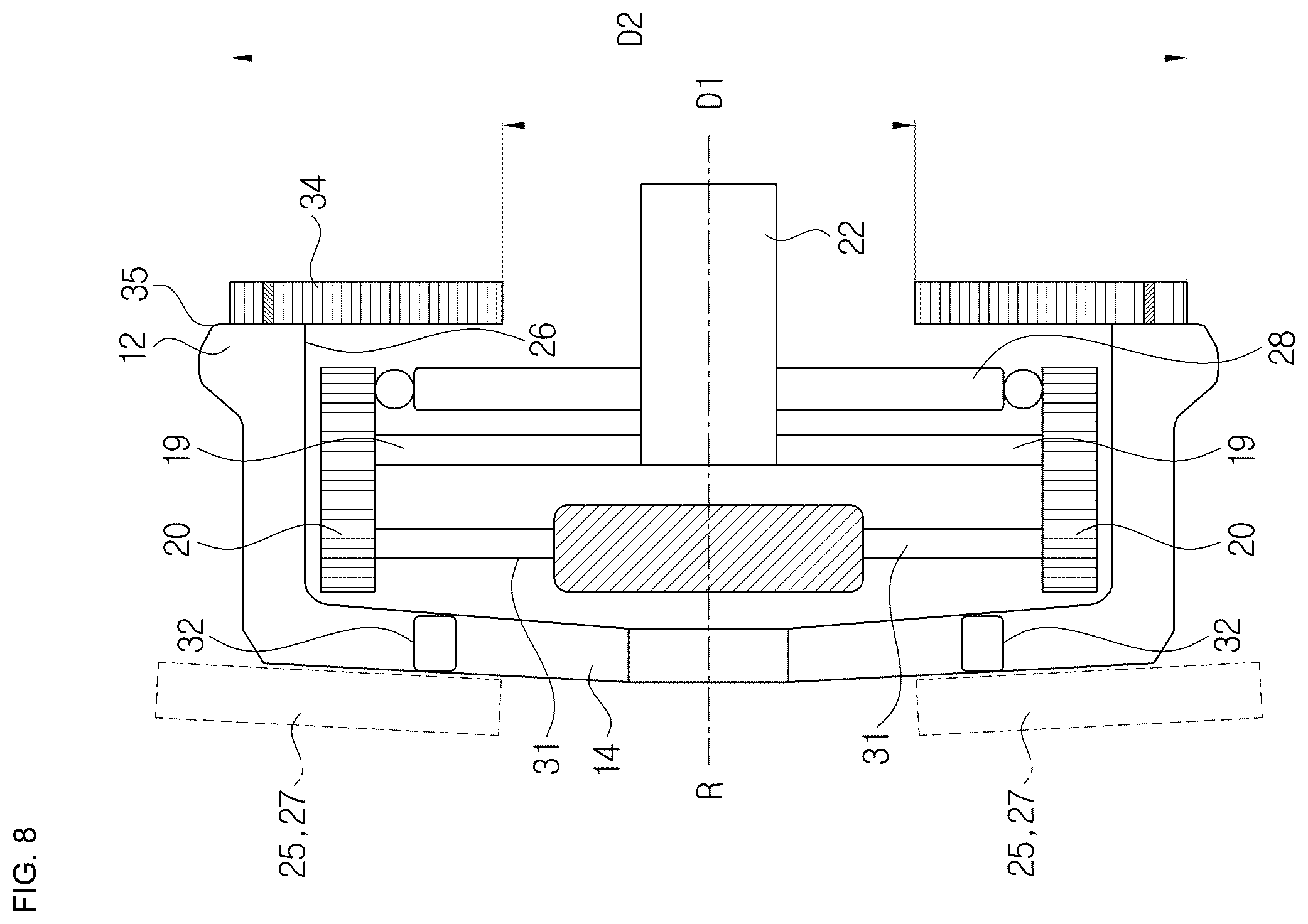 Patent US12583421 Figure 8 – Drum brake with rotatable brake shoe assembly