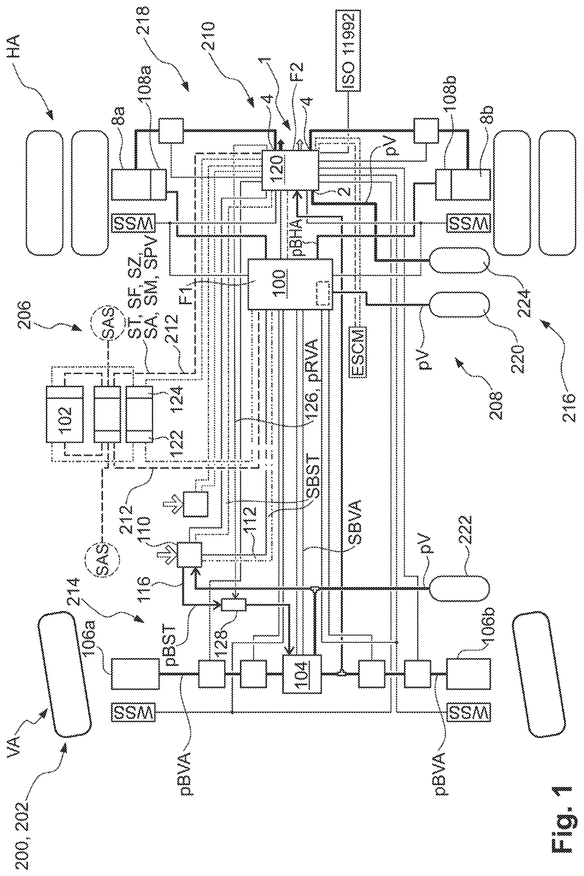 Patent US12583425 Figure 1 – Brake system with safer emergency stop function and method for same
