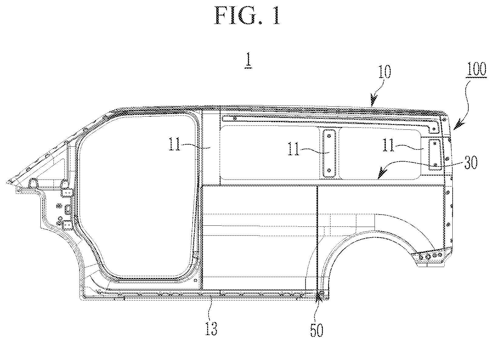 Patent US12583525 Figure 1 – Side structure of vehicle body