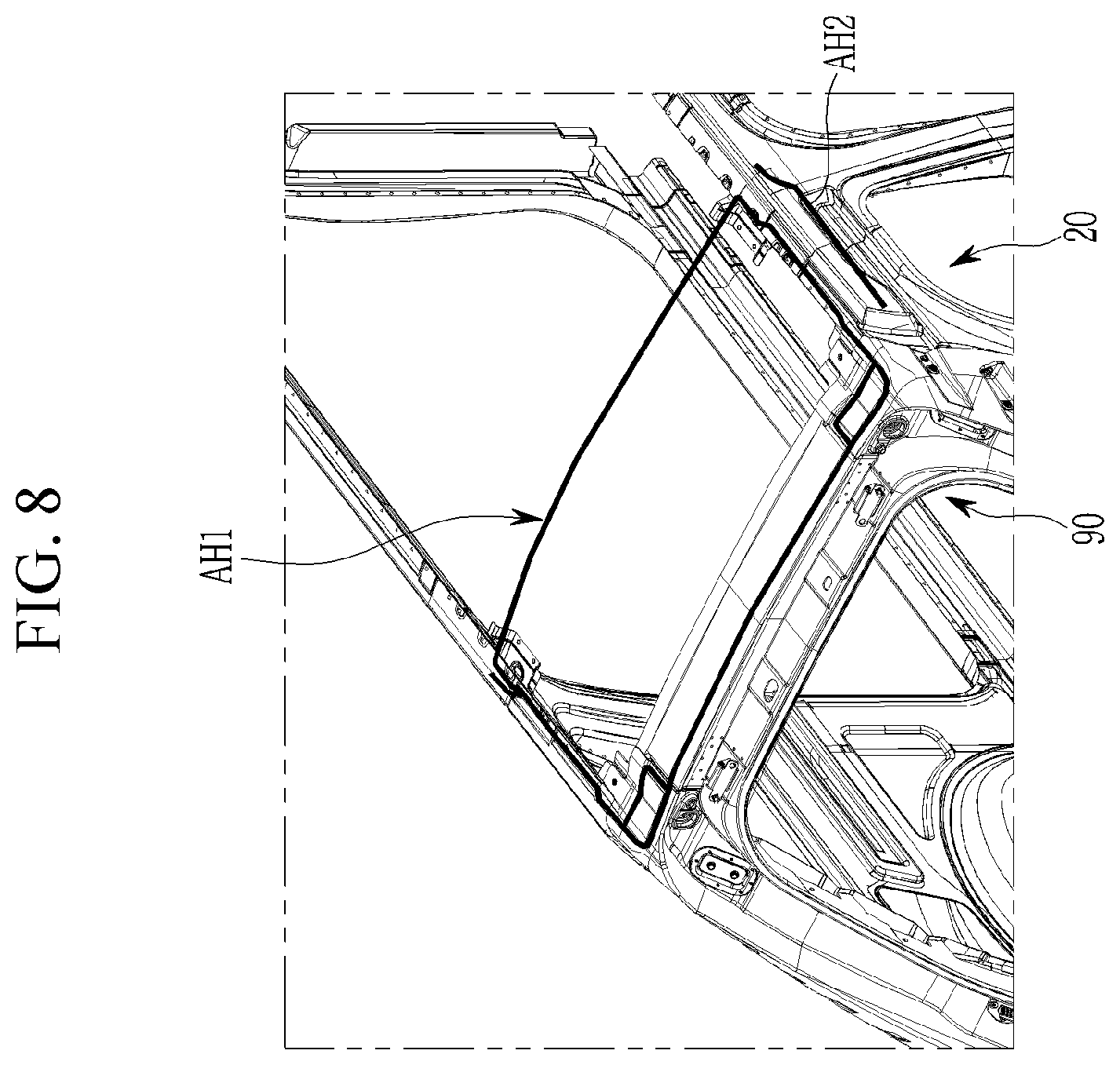 Patent US12583527 Figure 8 – Vehicle body rear structure