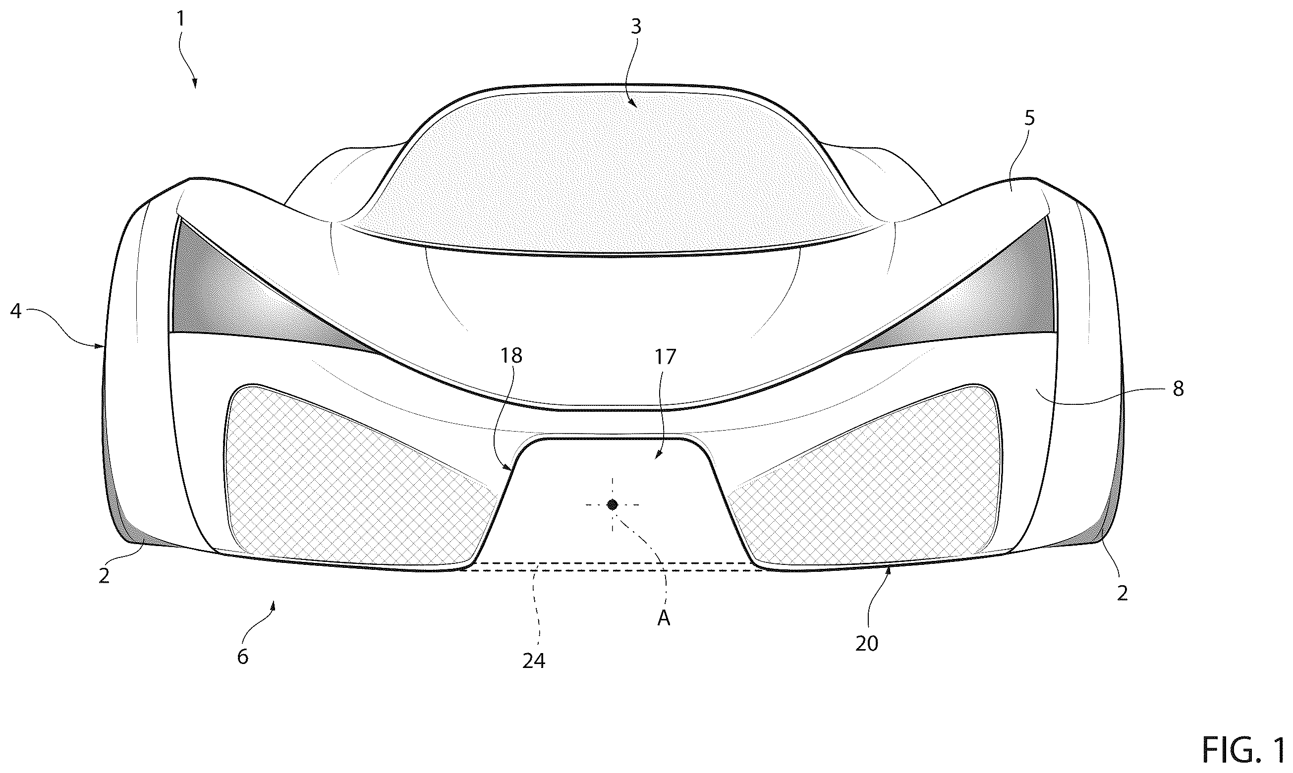 Patent US12583533 Figure 1 – Road vehicle provided with a central aerodynamic channel and proper powertrain system