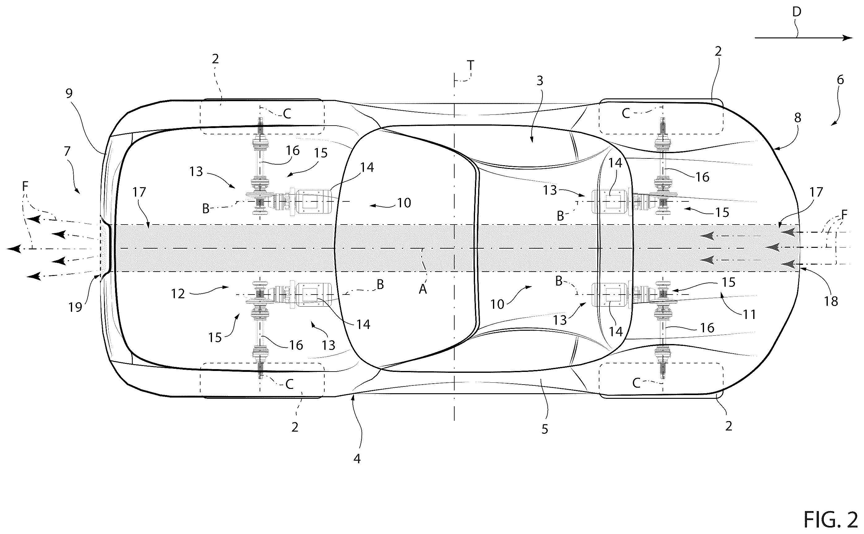 Patent US12583533 Figure 2 – Road vehicle provided with a central aerodynamic channel and proper powertrain system