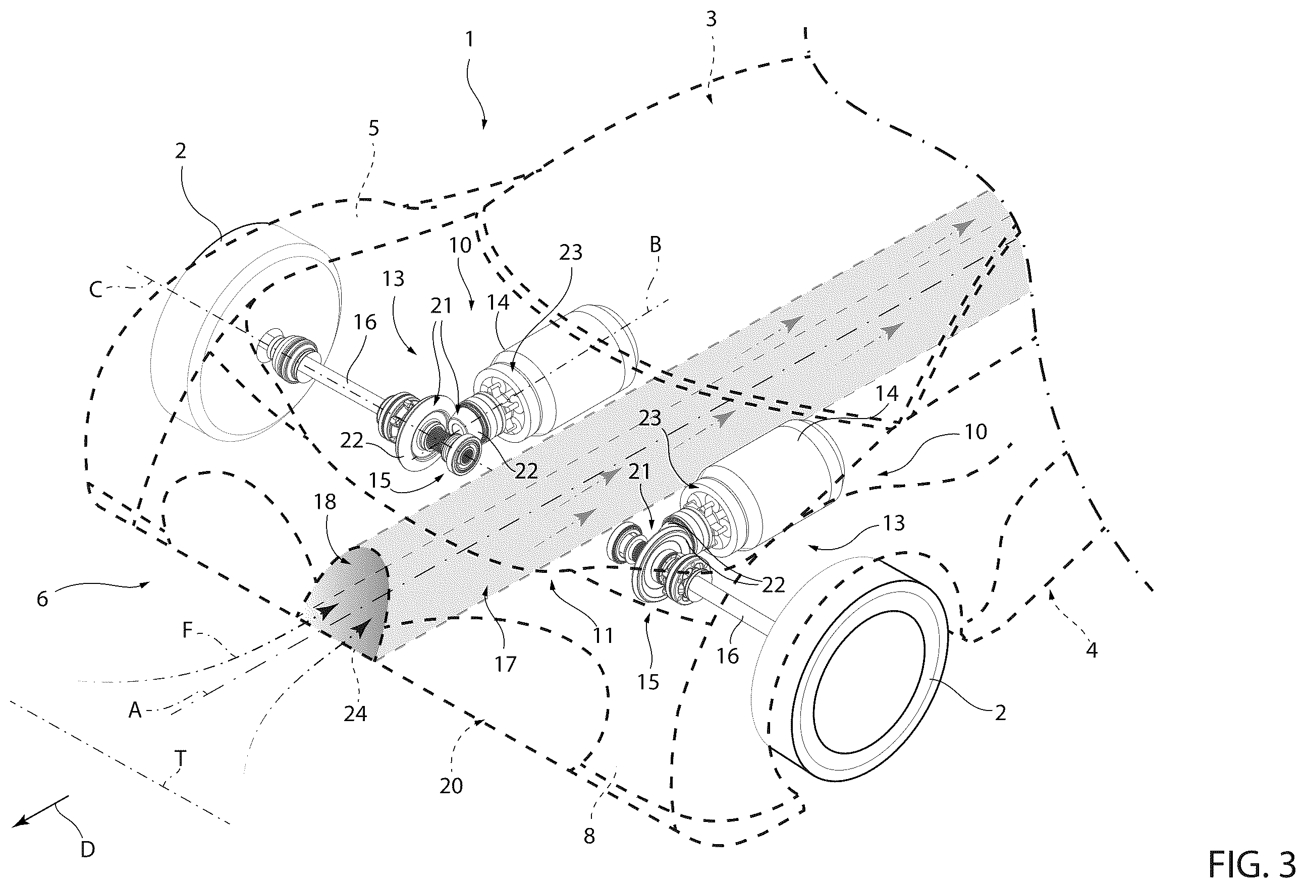 Patent US12583533 Figure 3 – Road vehicle provided with a central aerodynamic channel and proper powertrain system