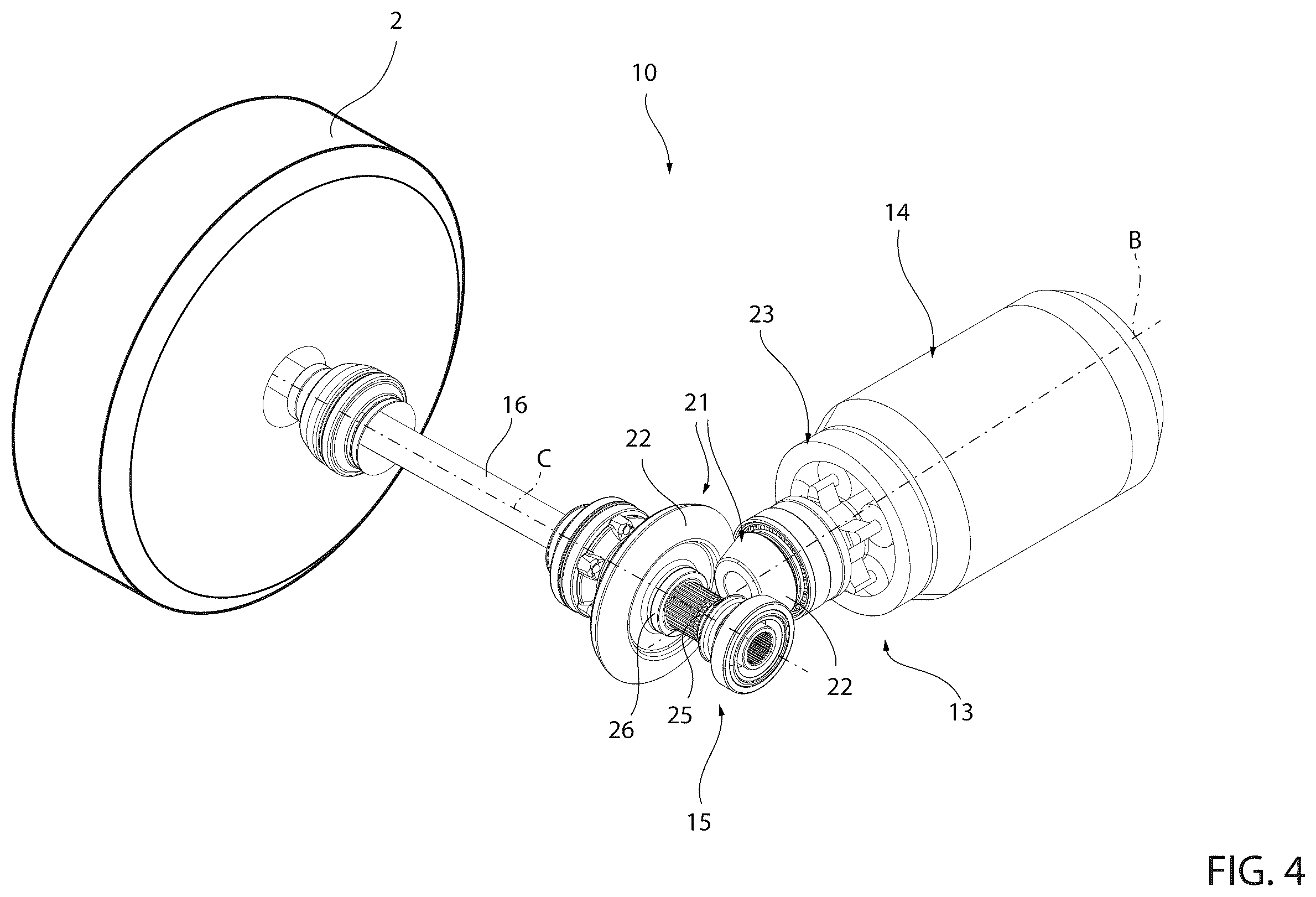 Patent US12583533 Figure 4 – Road vehicle provided with a central aerodynamic channel and proper powertrain system