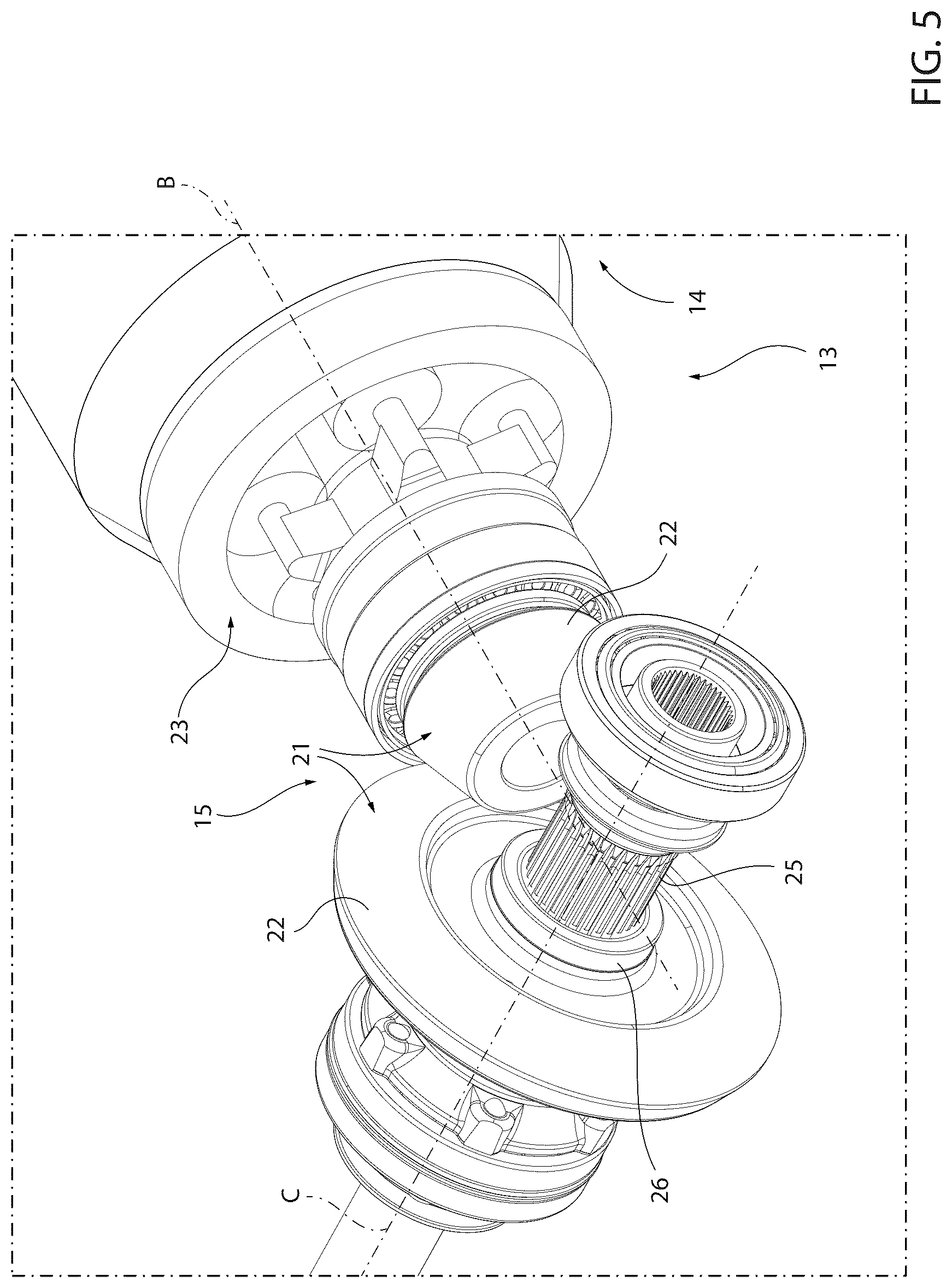 Patent US12583533 Figure 5 – Road vehicle provided with a central aerodynamic channel and proper powertrain system