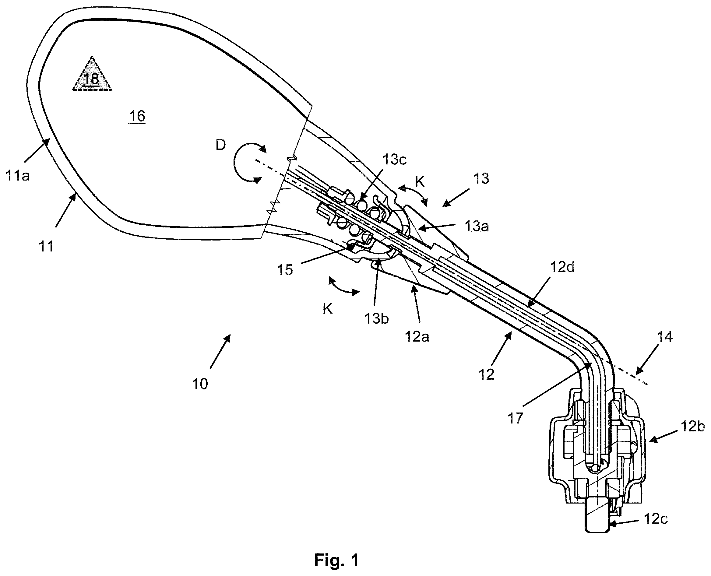 Patent US12583545 Figure 1 – Rear mirror assembly with anti-rotation protection