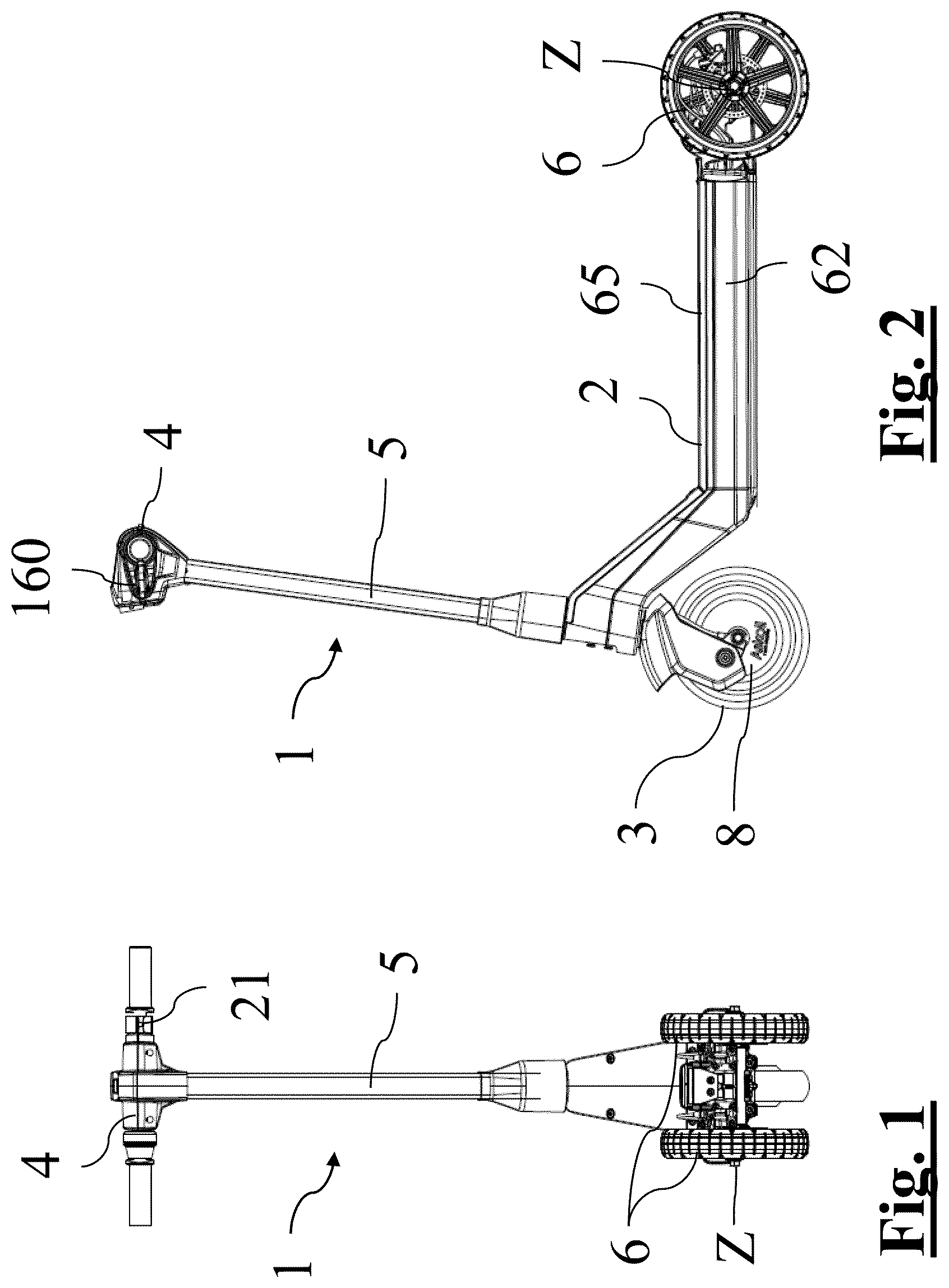 Patent US12583549 Figure 1 – Electric kick scooter with tilting rear axle with two wheels