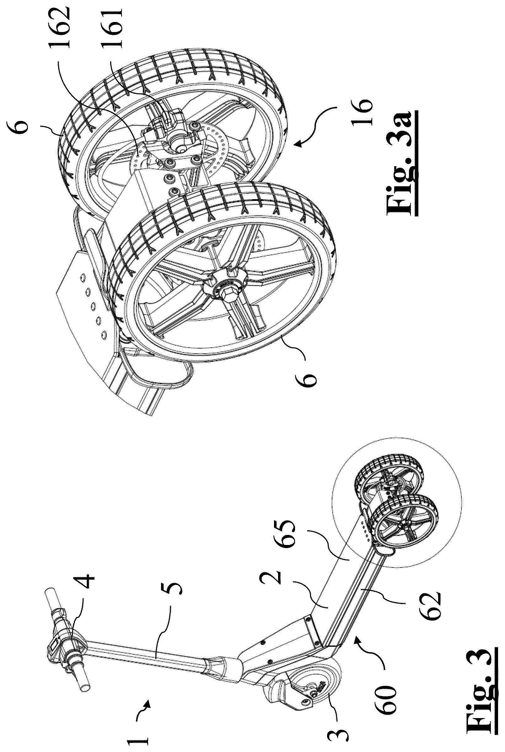Patent US12583549 Figure 2 – Electric kick scooter with tilting rear axle with two wheels