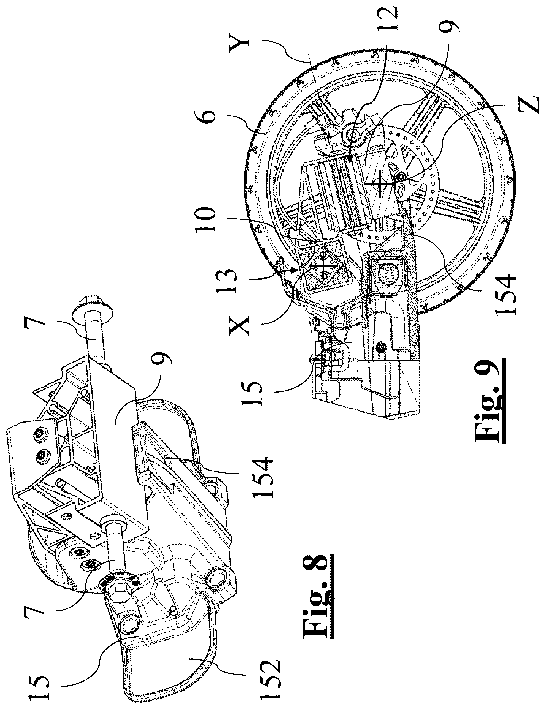 Patent US12583549 Figure 7 – Electric kick scooter with tilting rear axle with two wheels