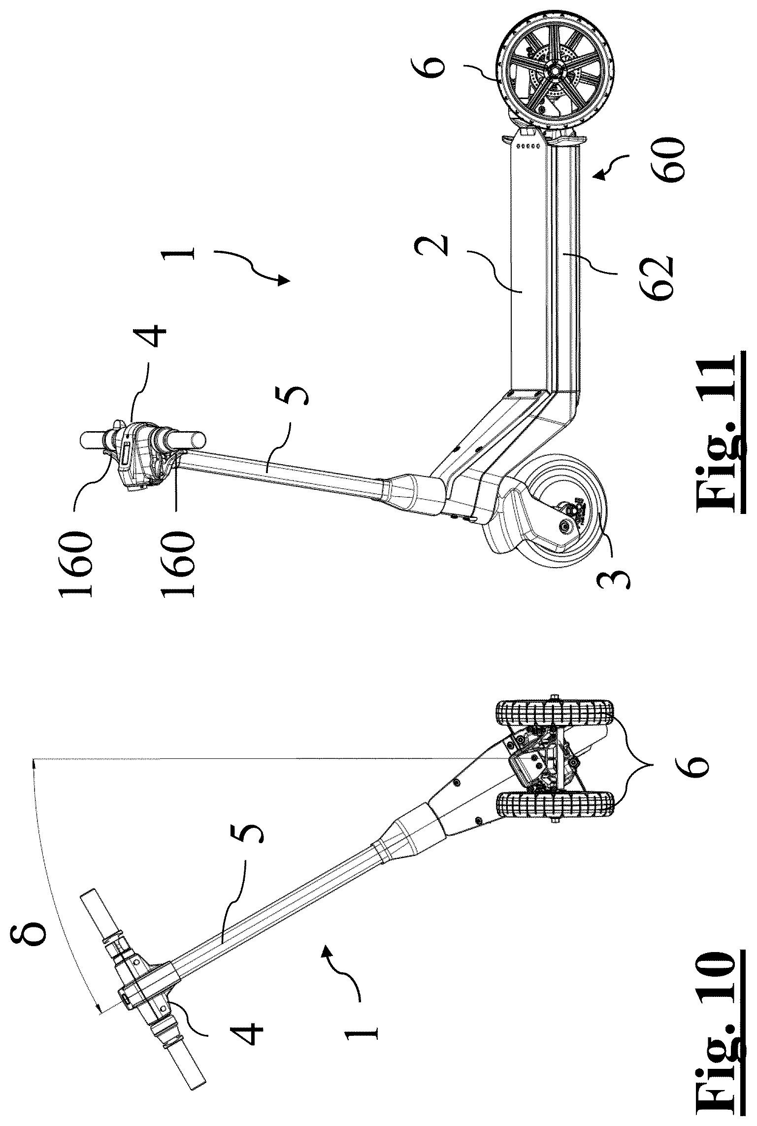 Patent US12583549 Figure 8 – Electric kick scooter with tilting rear axle with two wheels