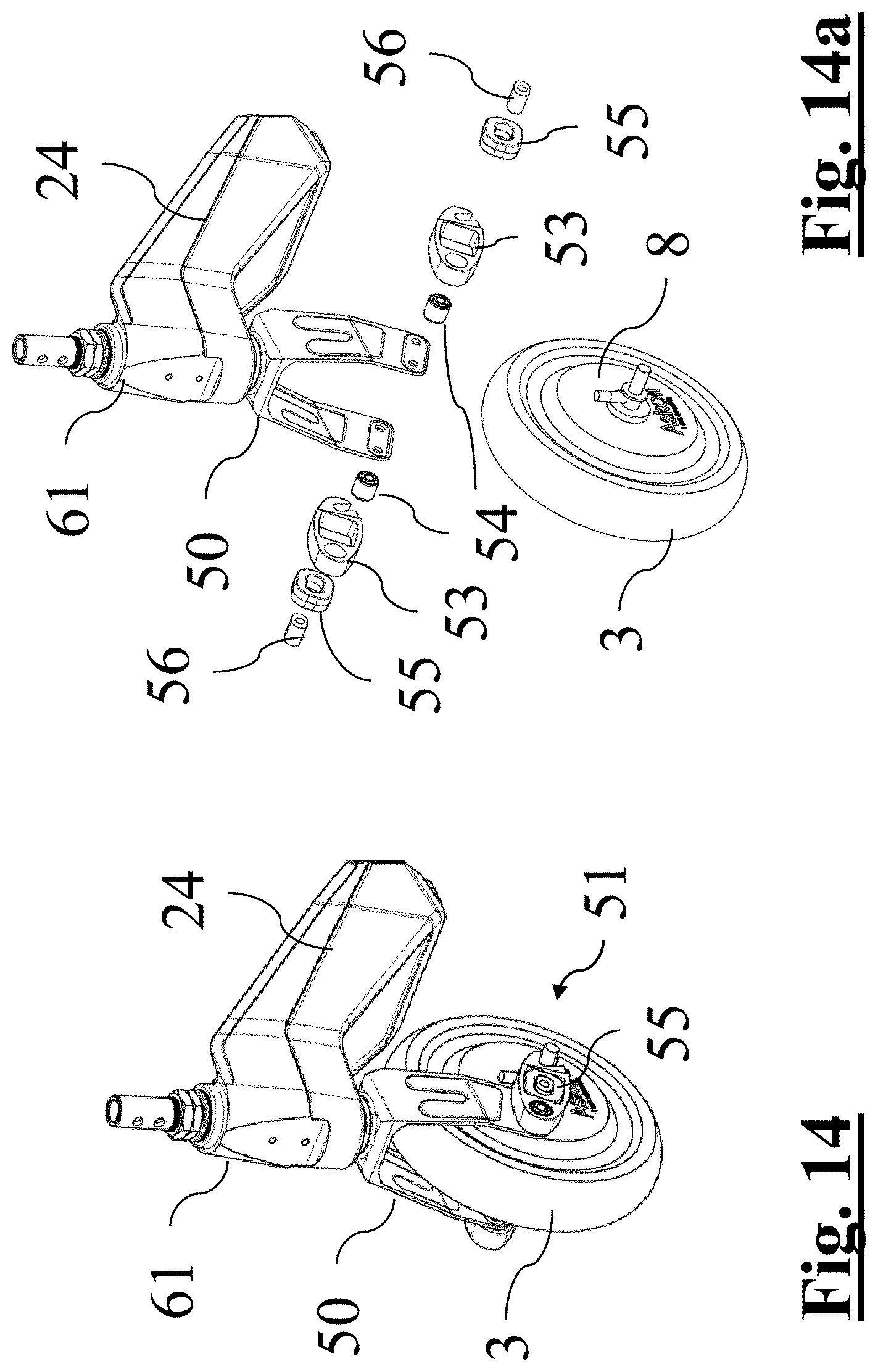 Patent US12583549 Figure 11 – Electric kick scooter with tilting rear axle with two wheels