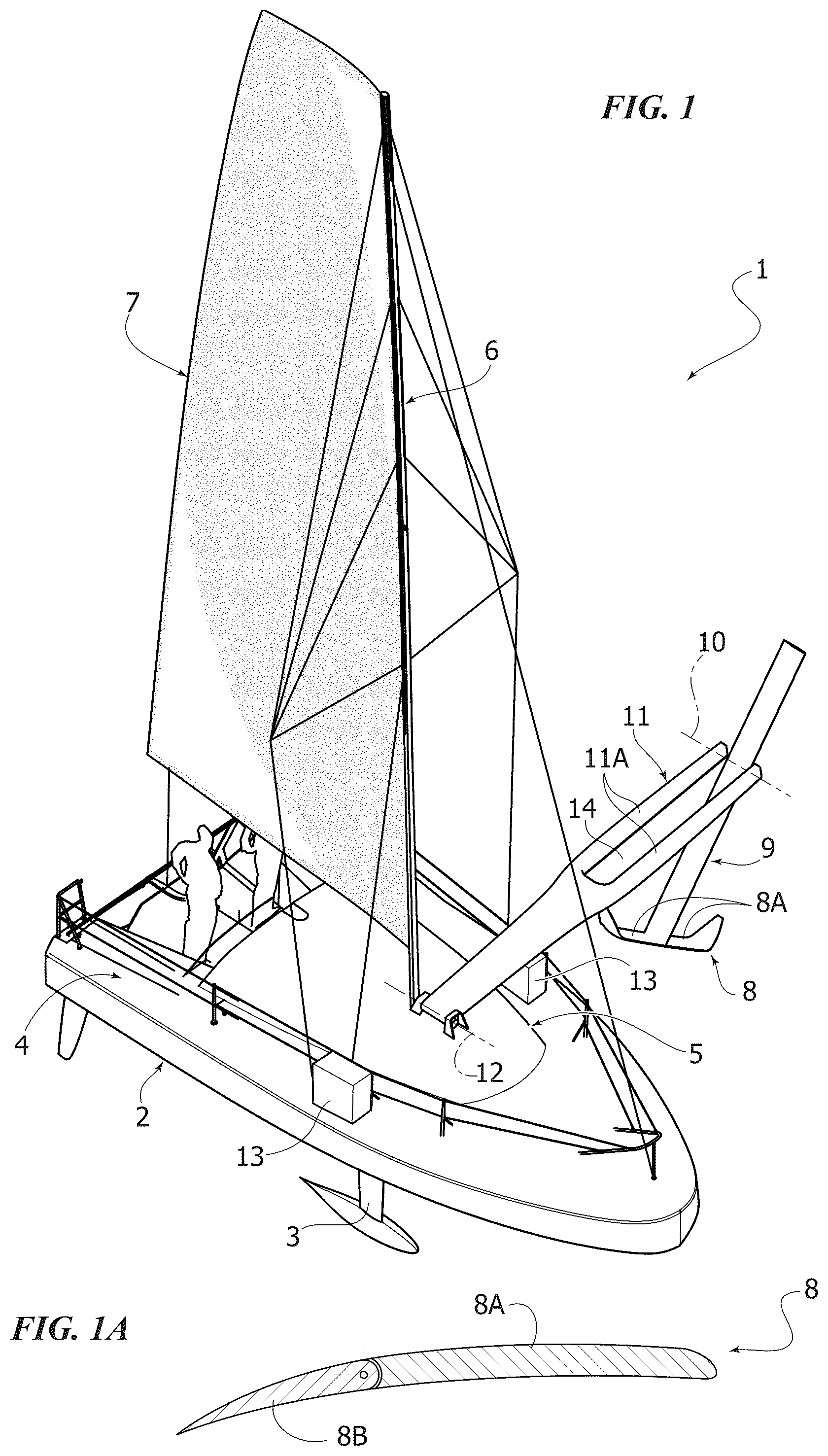 Patent US12583561 Figure 1 – Sailing boat with an auxiliary hydrodynamic surface