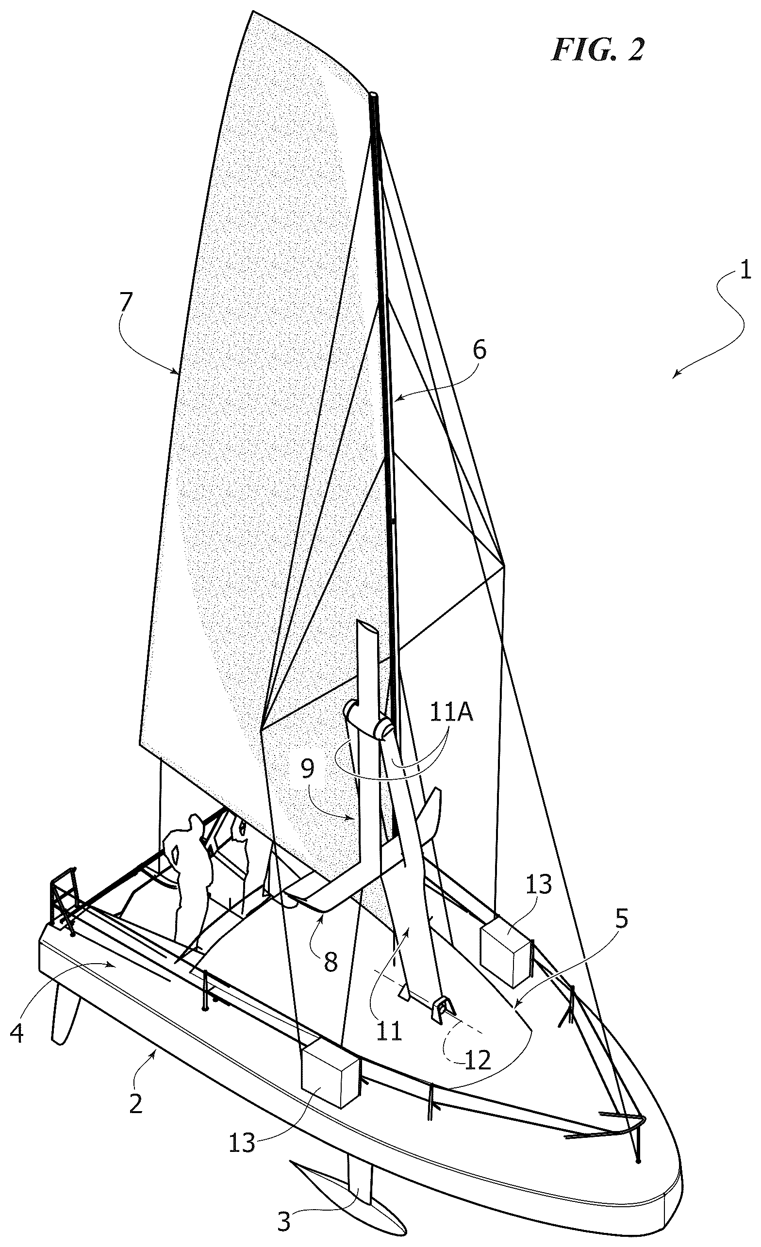 Patent US12583561 Figure 2 – Sailing boat with an auxiliary hydrodynamic surface