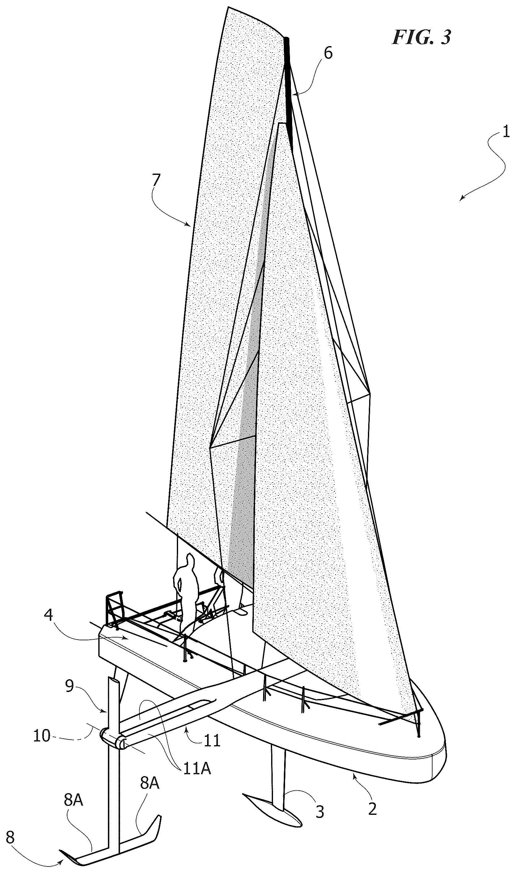 Patent US12583561 Figure 3 – Sailing boat with an auxiliary hydrodynamic surface