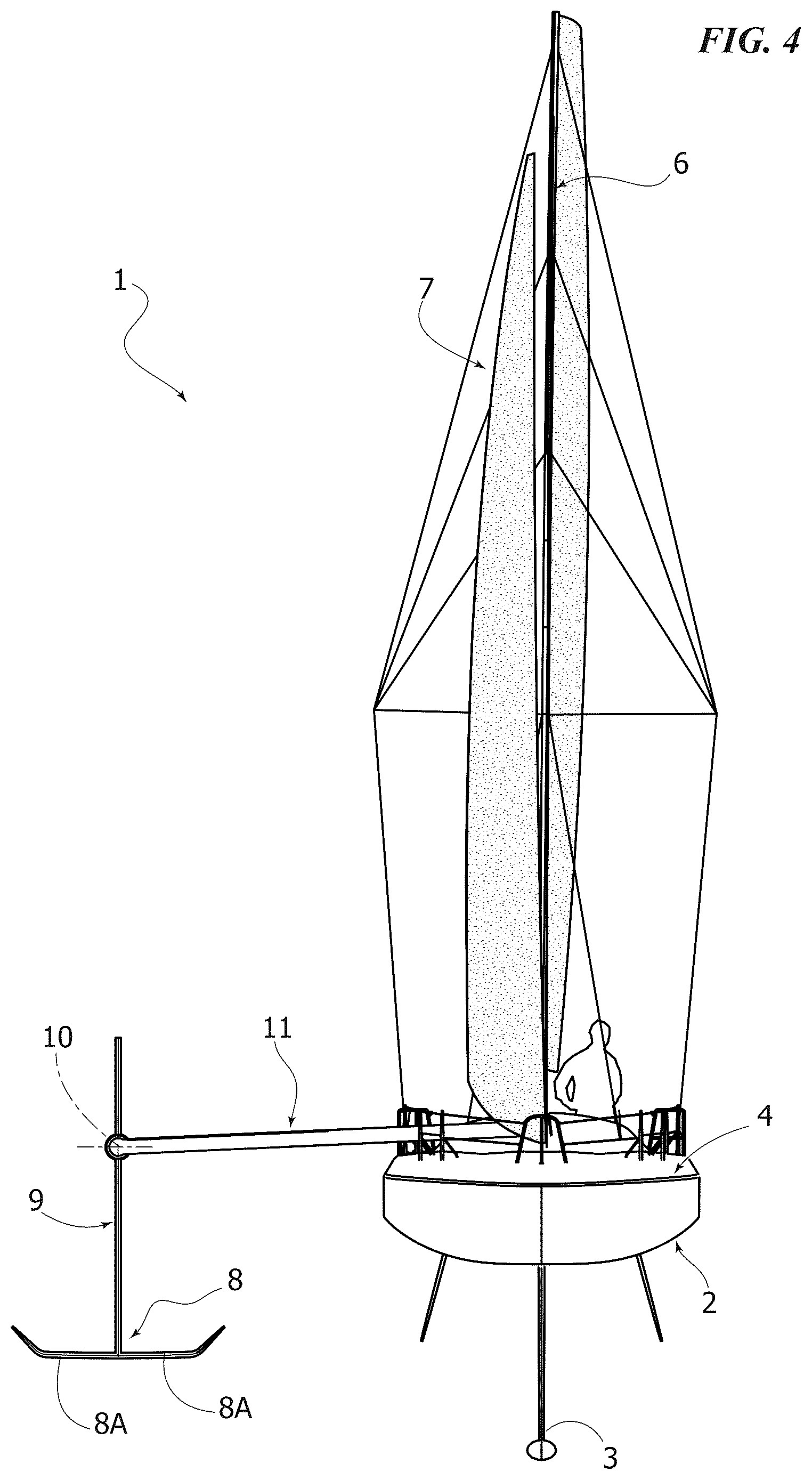 Patent US12583561 Figure 4 – Sailing boat with an auxiliary hydrodynamic surface