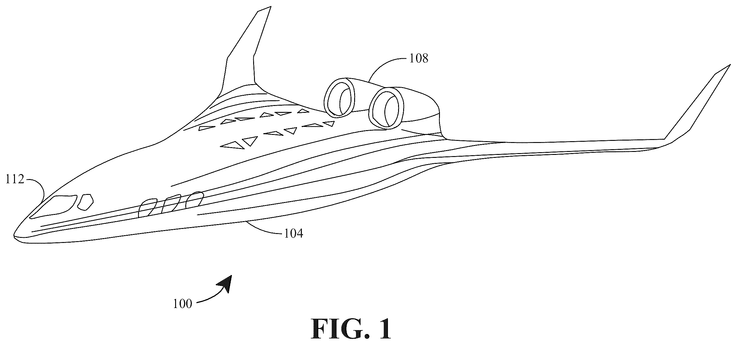 Patent US12583585 Figure 1 – Blended wing body aircraft with rear engines