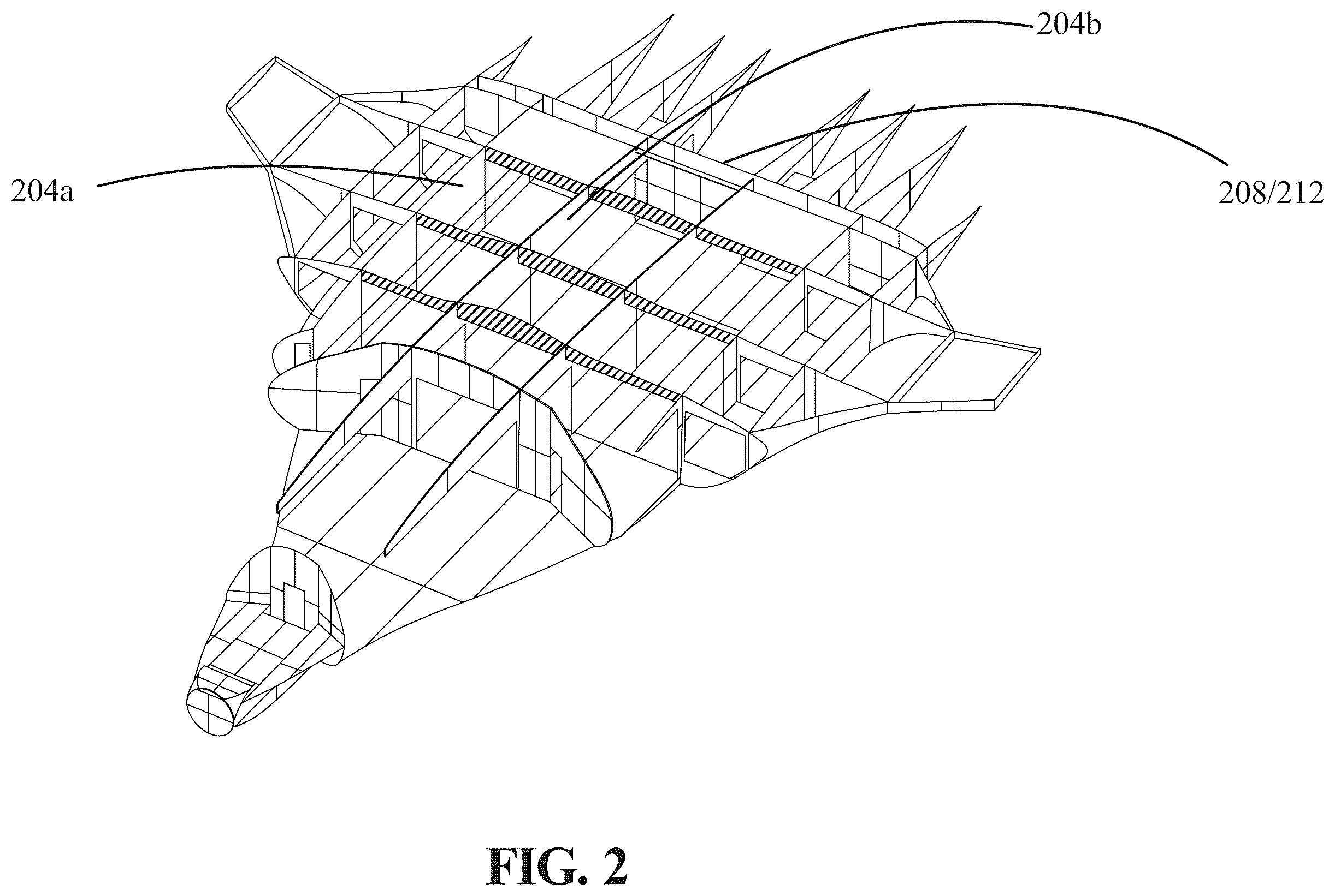 Patent US12583585 Figure 2 – Blended wing body aircraft with rear engines