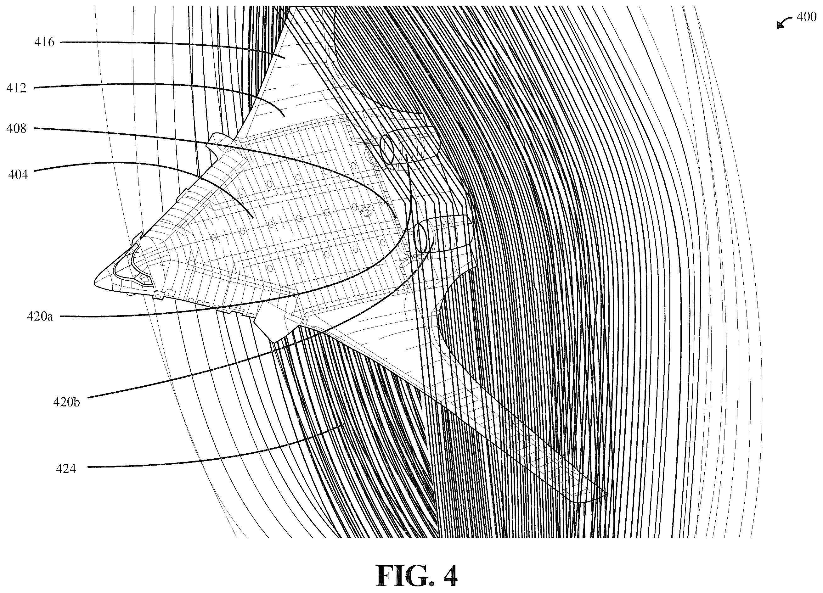Patent US12583585 Figure 4 – Blended wing body aircraft with rear engines