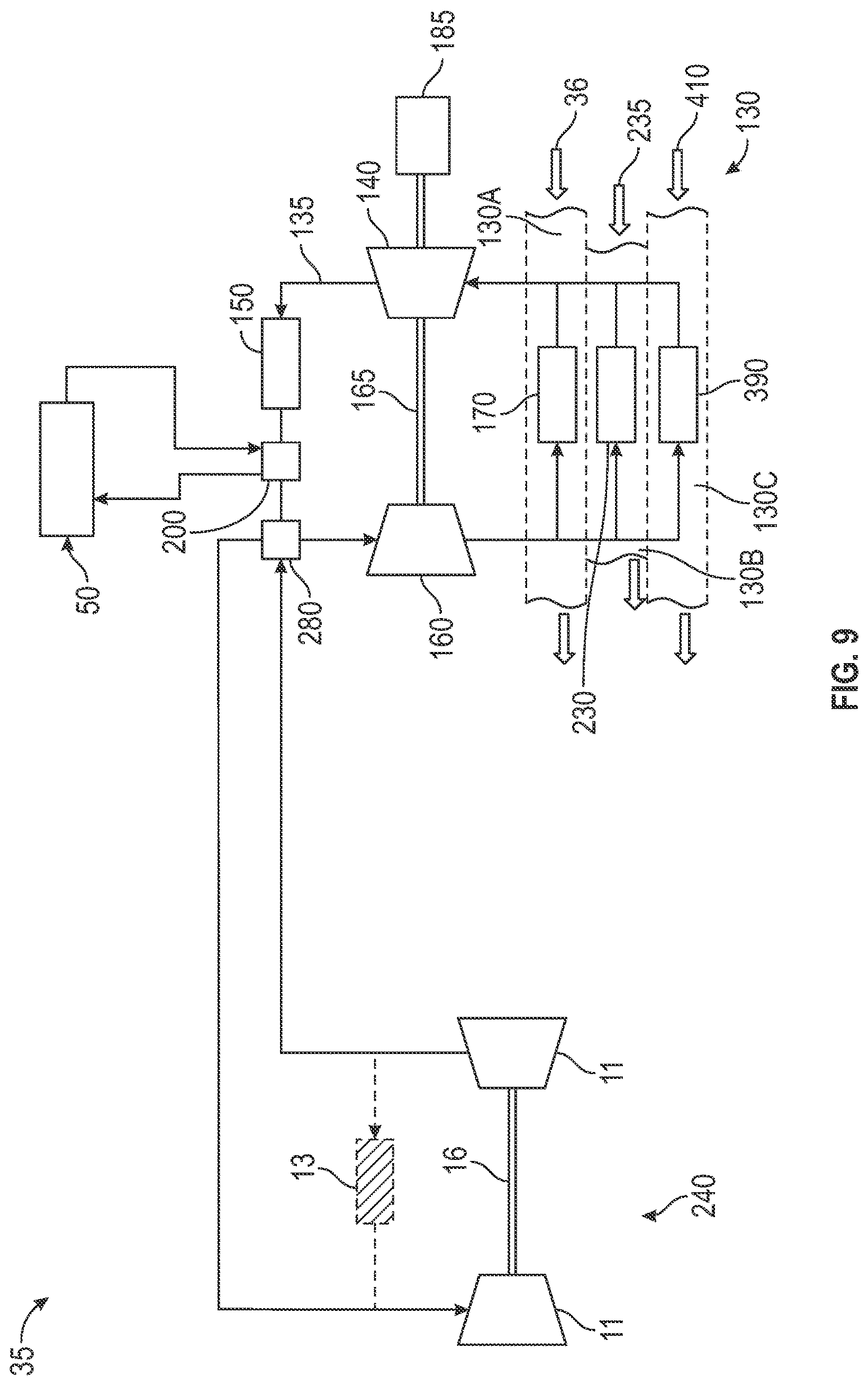 Patent US12583590 Figure 9 – Environmental control systems for an aircraft having a vapor compression system with a flash liquid expander turbine