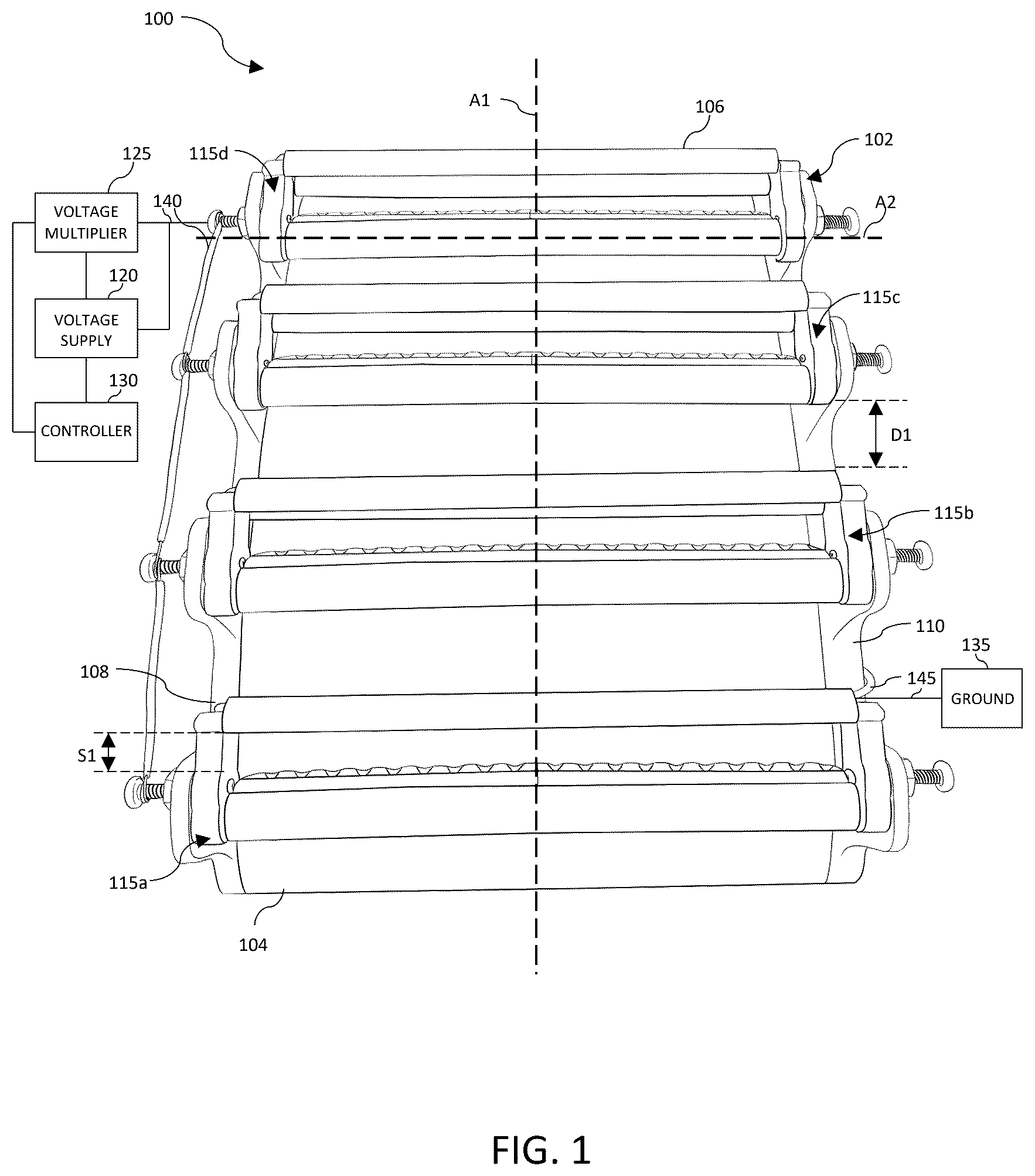 Patent US12583595 Figure 1 – Wing-mounted multi-stage ionic thruster