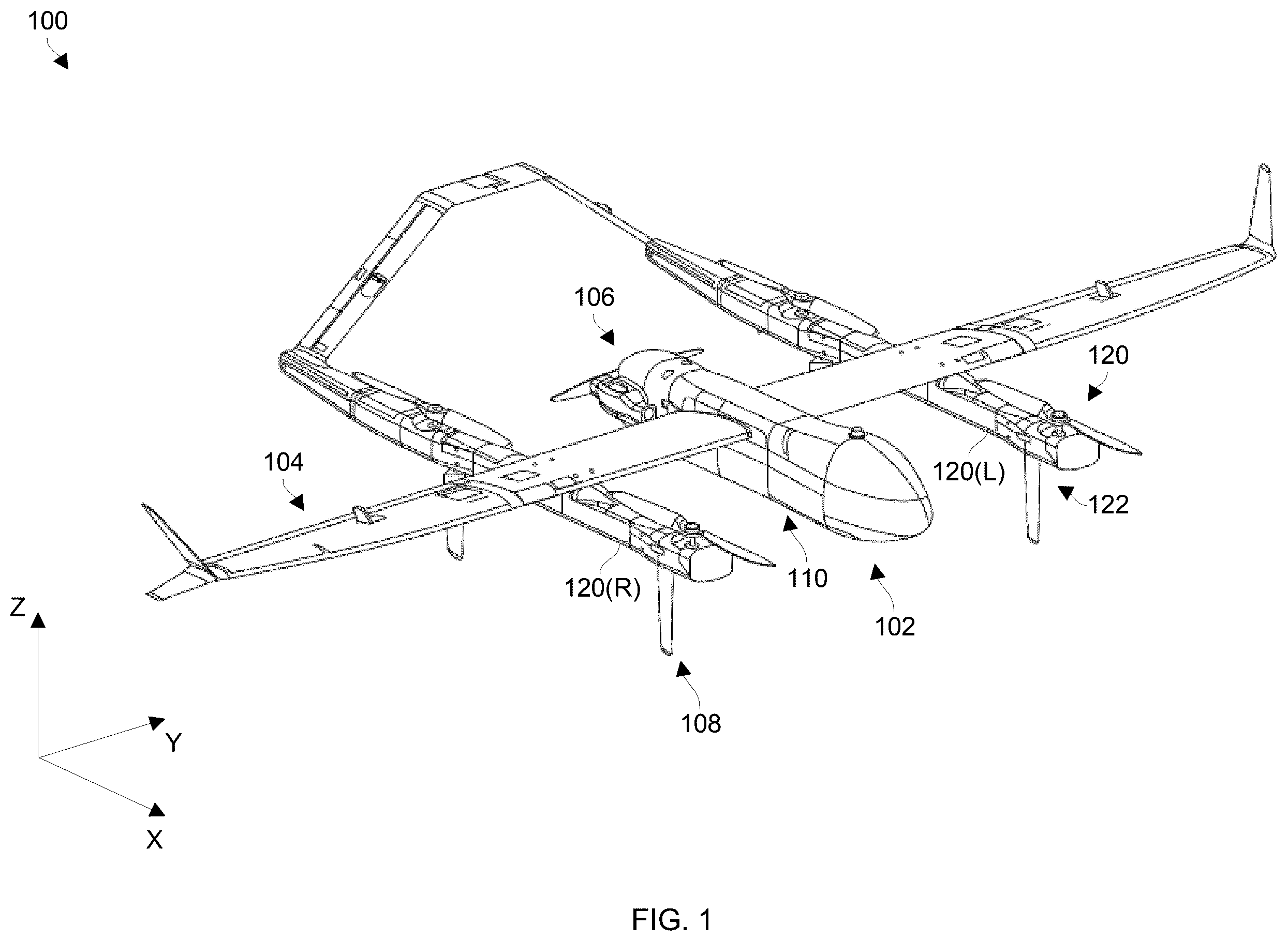 Patent US12583635 Figure 1 – Utilizing multi-directional energy-absorbing landing gear for vertical takeoff and landing