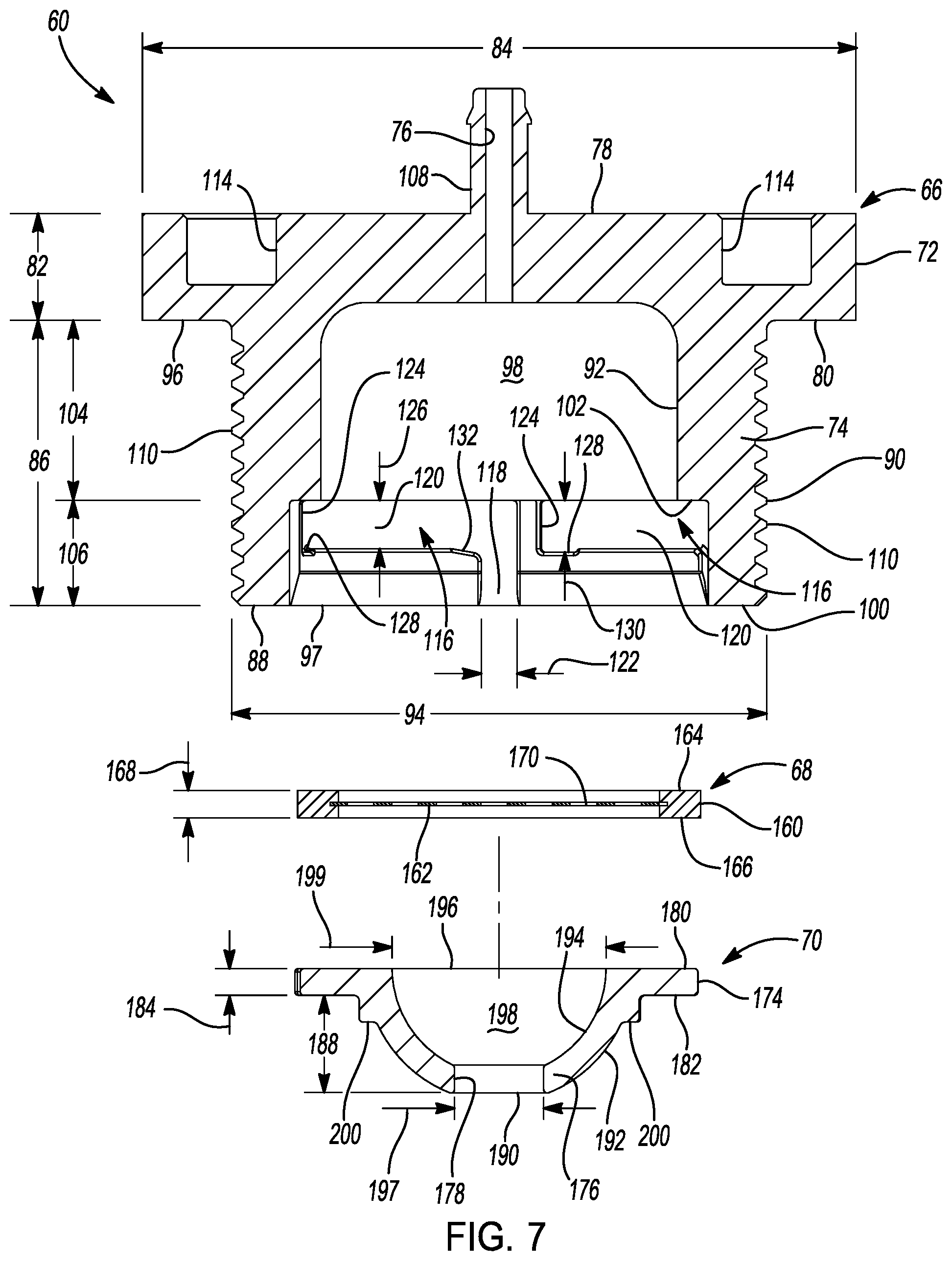 Patent US12583653 Figure 6 – Tank breather cap with integrated filter, splash protection, and nipple for breather hose