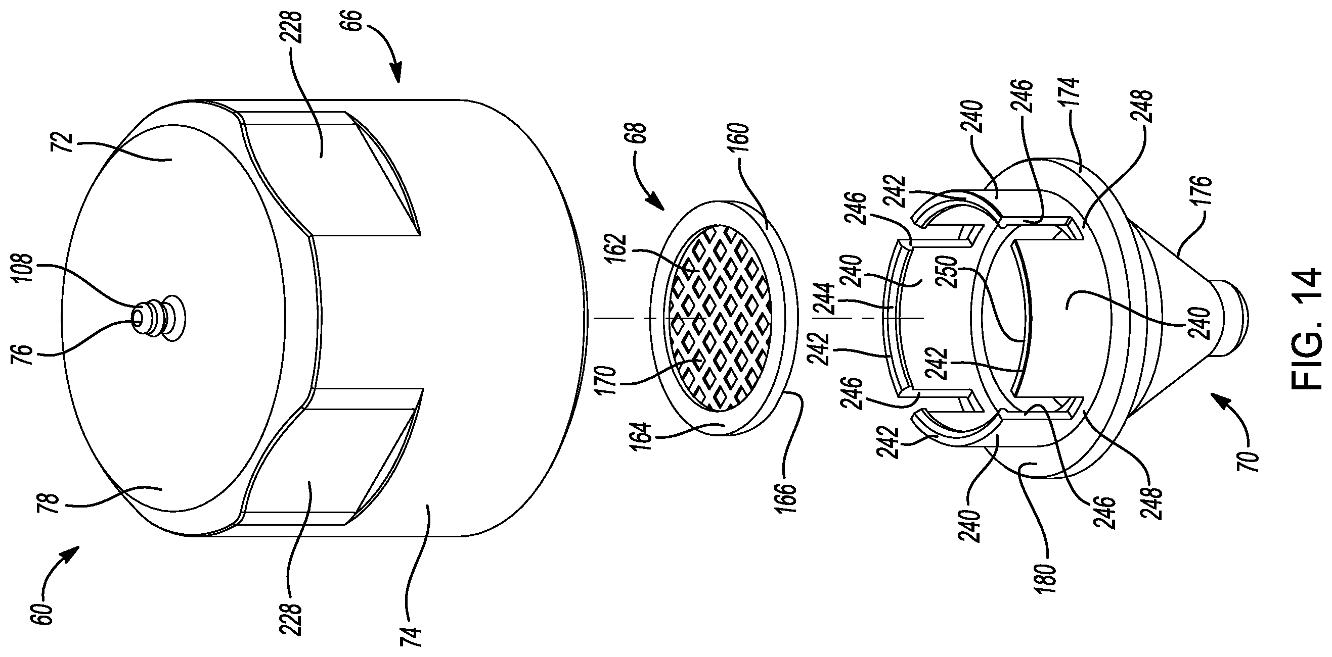 Patent US12583653 Figure 10 – Tank breather cap with integrated filter, splash protection, and nipple for breather hose