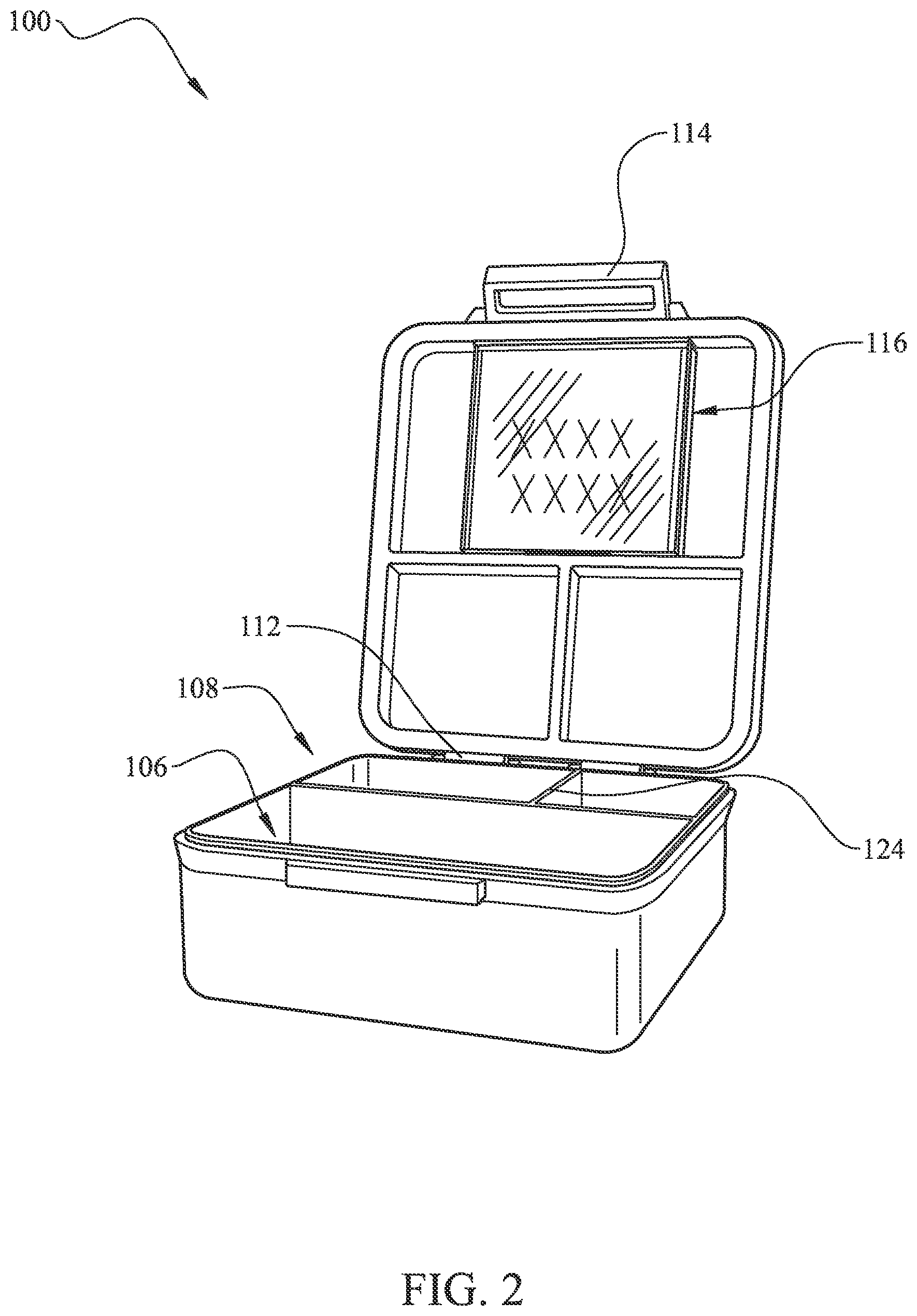 Patent US12583654 Figure 2 – Lunch box with an internal case with a dry erase panel
