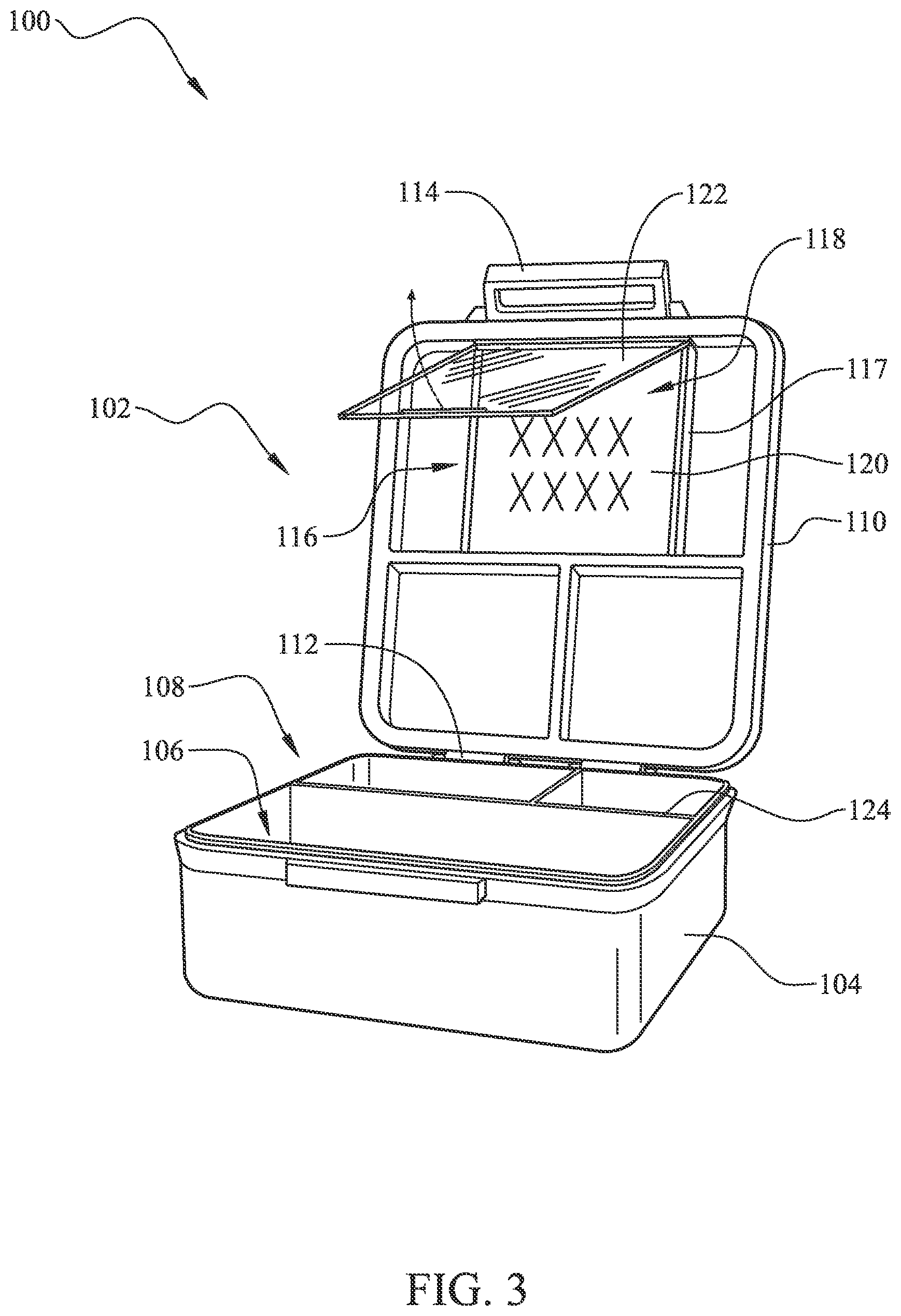 Patent US12583654 Figure 3 – Lunch box with an internal case with a dry erase panel