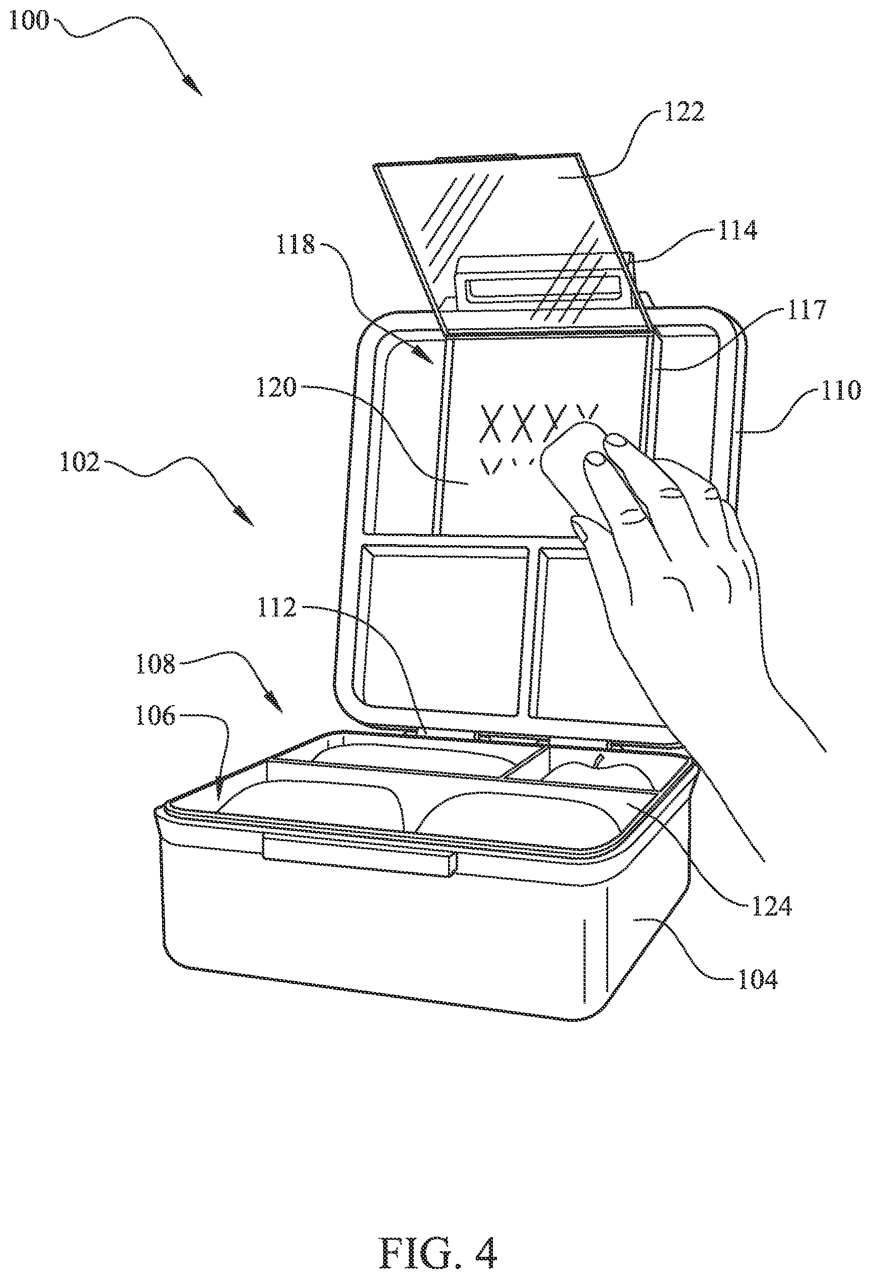 Patent US12583654 Figure 4 – Lunch box with an internal case with a dry erase panel