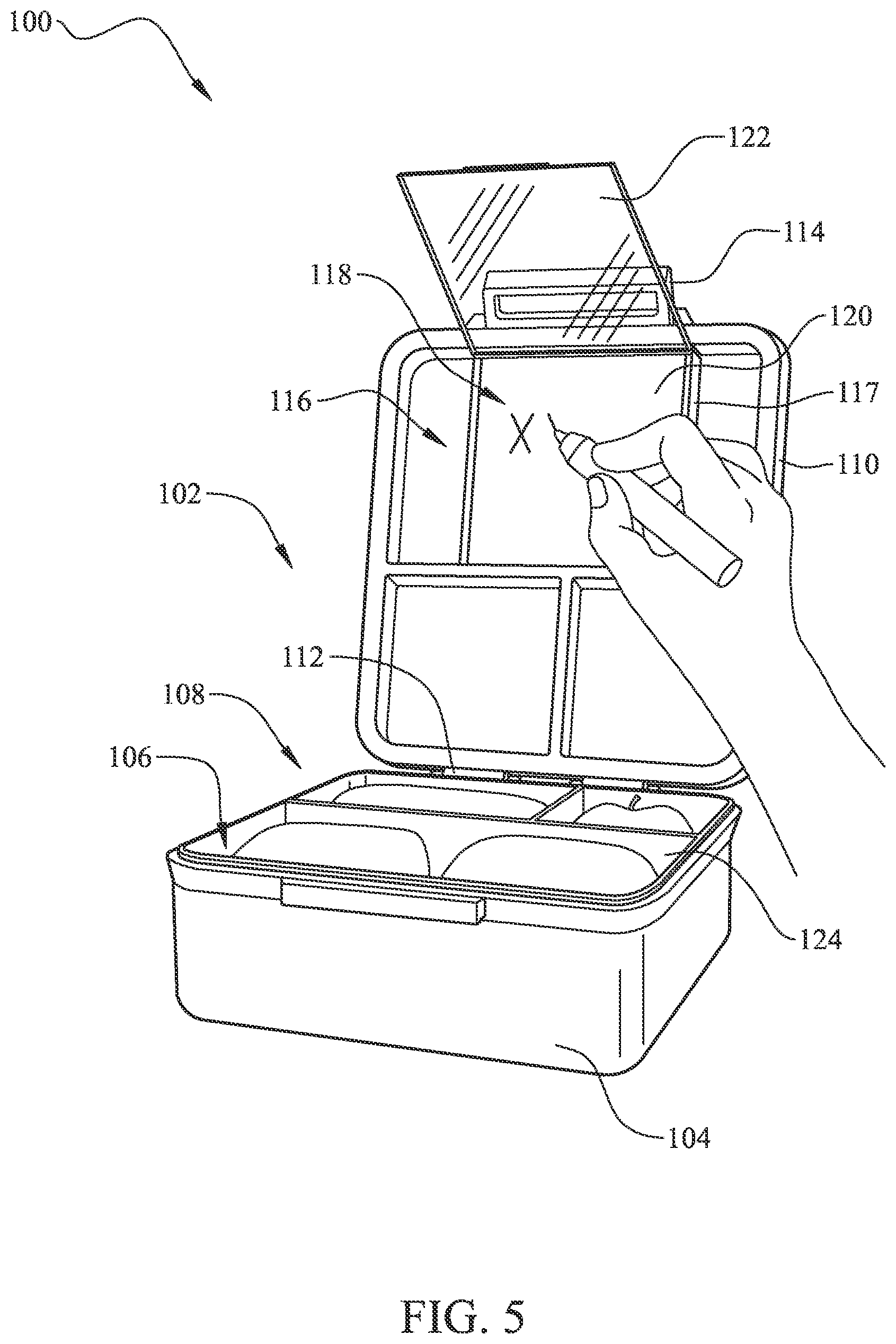 Patent US12583654 Figure 5 – Lunch box with an internal case with a dry erase panel