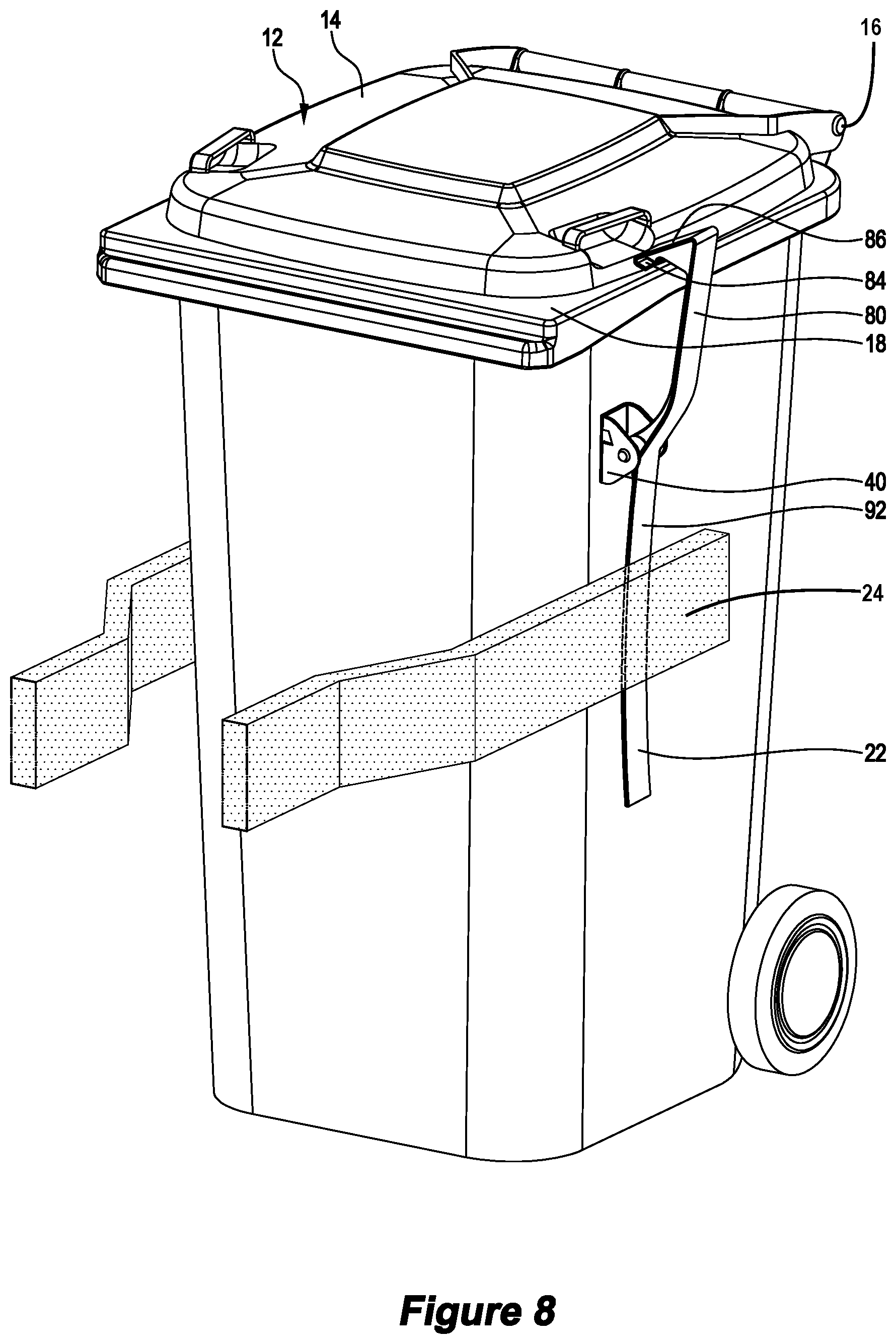 Patent US12583669 Figure 4 – Lid lock for waste receptacle