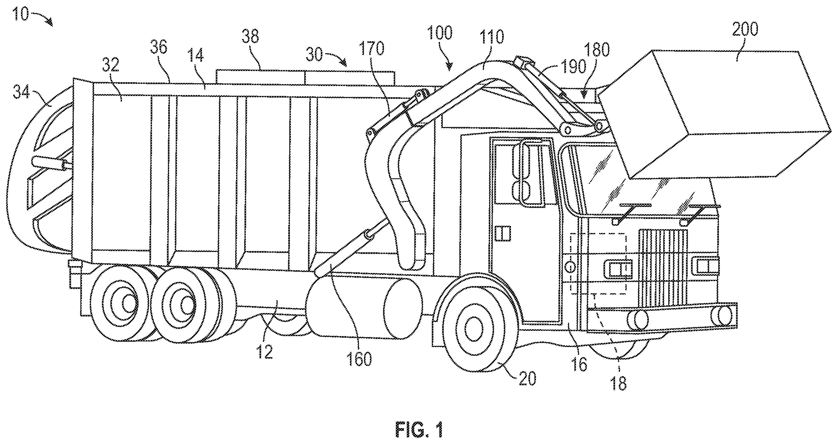 Patent US12583670 Figure 1 – Lift arm assembly for a front end loading refuse vehicle