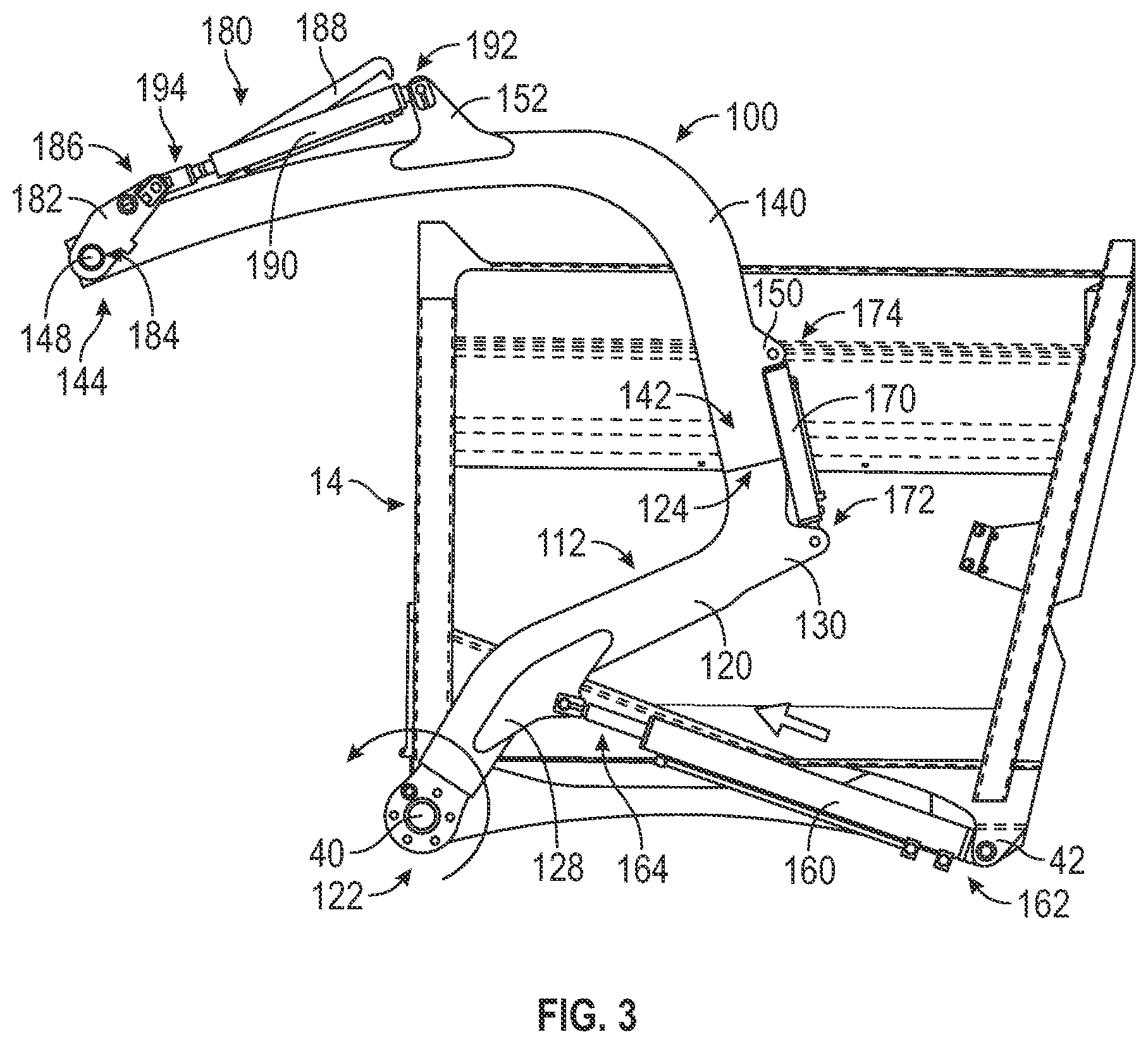 Patent US12583670 Figure 3 – Lift arm assembly for a front end loading refuse vehicle