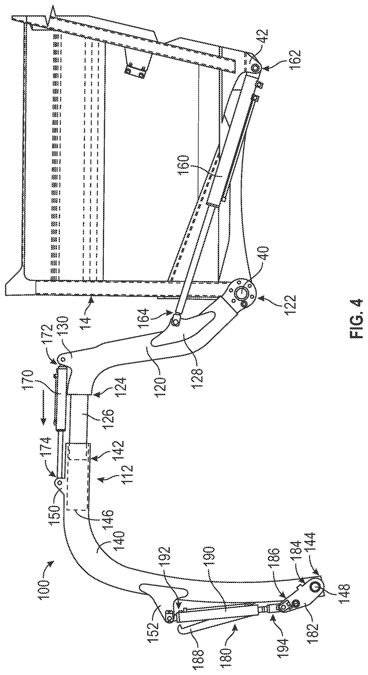 Patent US12583670 Figure 4 – Lift arm assembly for a front end loading refuse vehicle