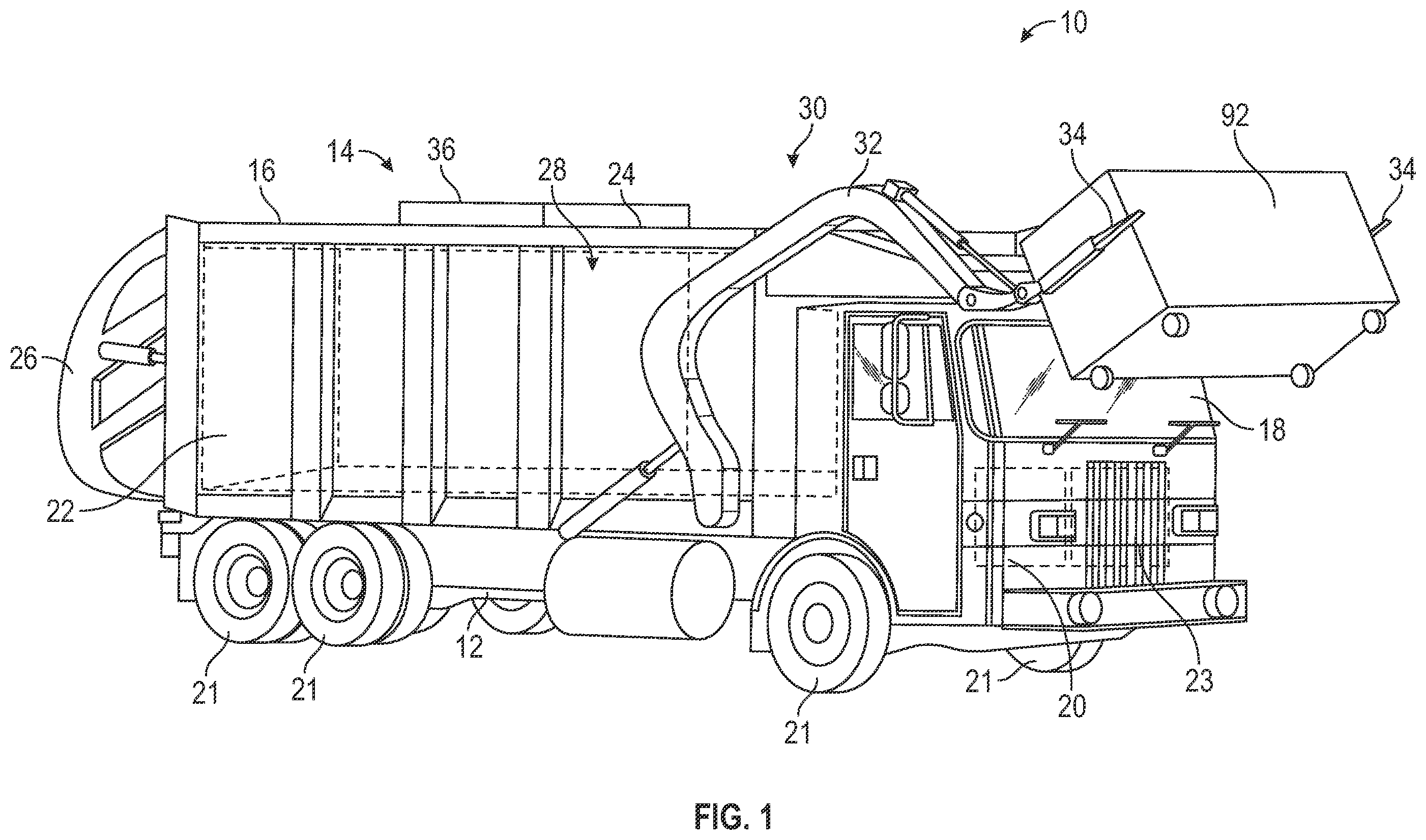Patent US12583671 Figure 1 – Refuse truck with helical pump