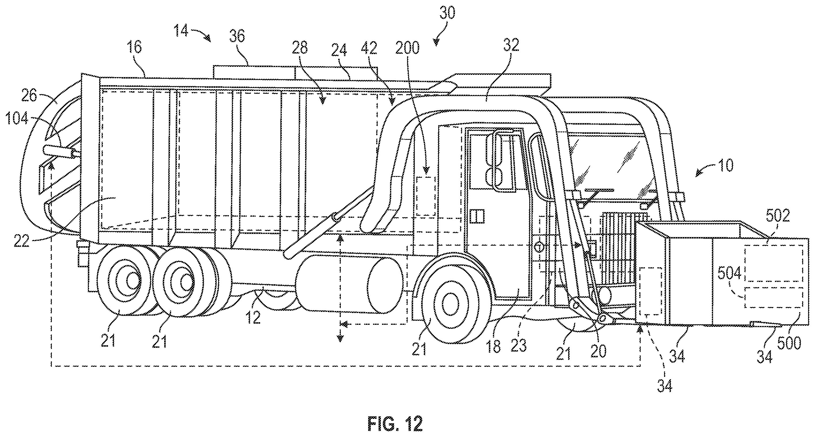 Patent US12583671 Figure 12 – Refuse truck with helical pump