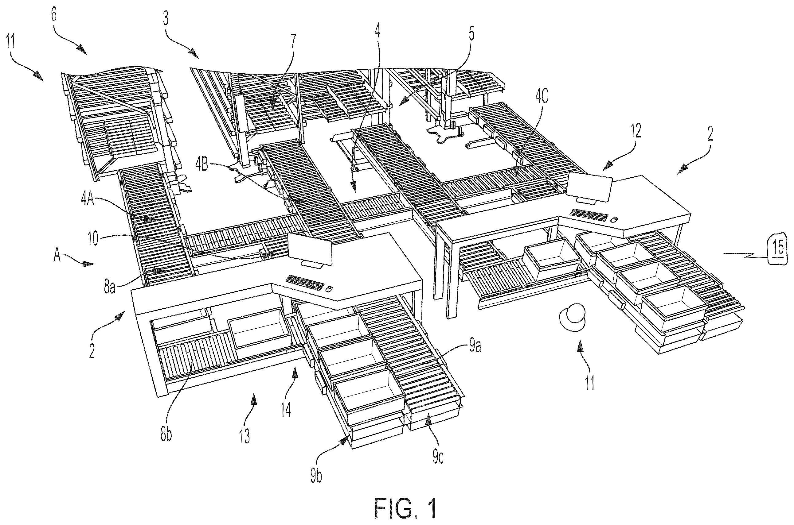 Patent US12583680 Figure 1 – Warehouse for order fulfilment with a product storage and at least one order fulfillment area