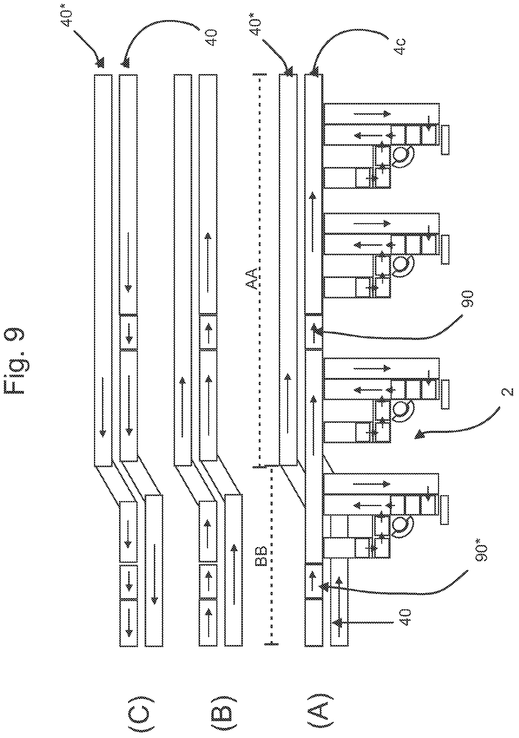 Patent US12583680 Figure 9 – Warehouse for order fulfilment with a product storage and at least one order fulfillment area